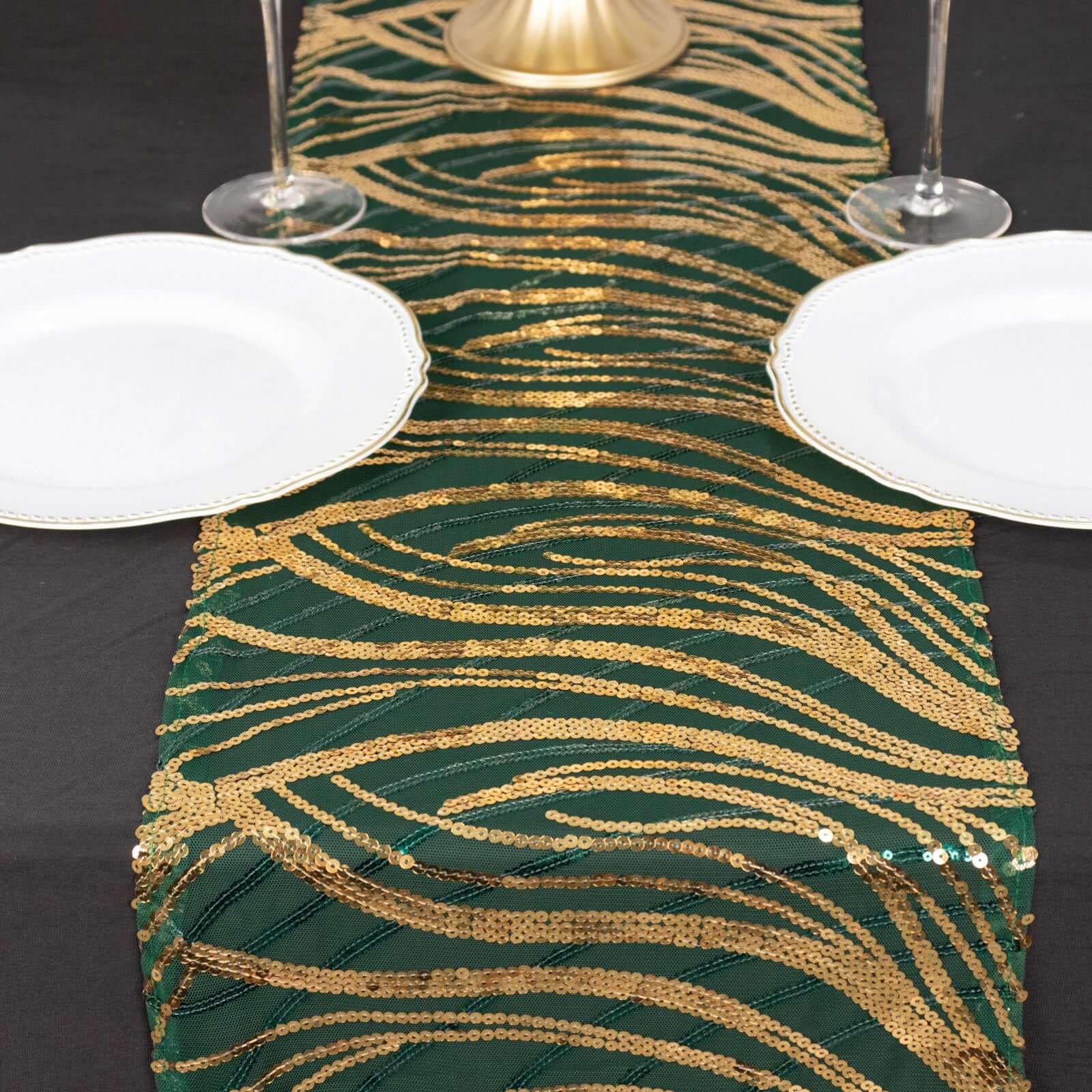 Sequin Mesh 12x108 Table Runner Hunter Emerald Green Stylish Wave Embroidery