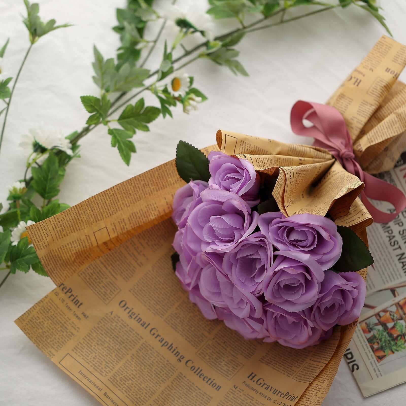 12 Lavender Lilac Artificial Velvet-Like Fabric Rose Flower Bouquet Bush