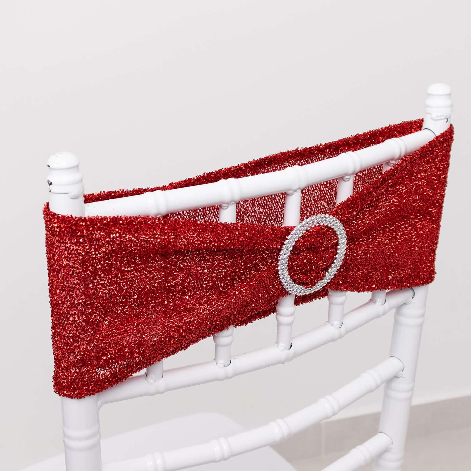 5 Pack Chair Sashes Shimmer Tinsel Spandex 5x12 with Silver Rhinestone Buckles Red - Stylish Chair Bands