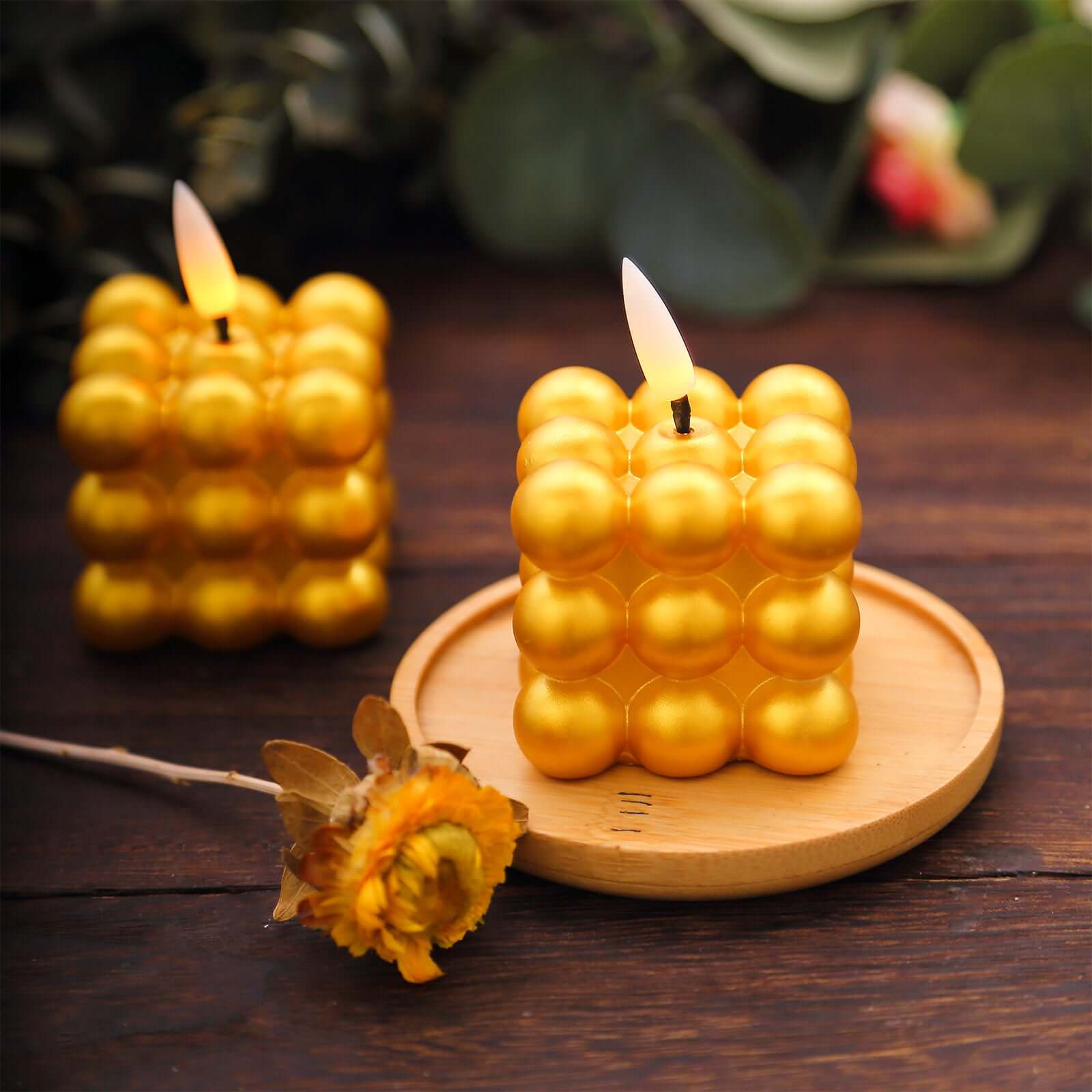 2-Pack LED Flameless Cube Candles Mini Bubble Metallic Gold - Battery Operated 2