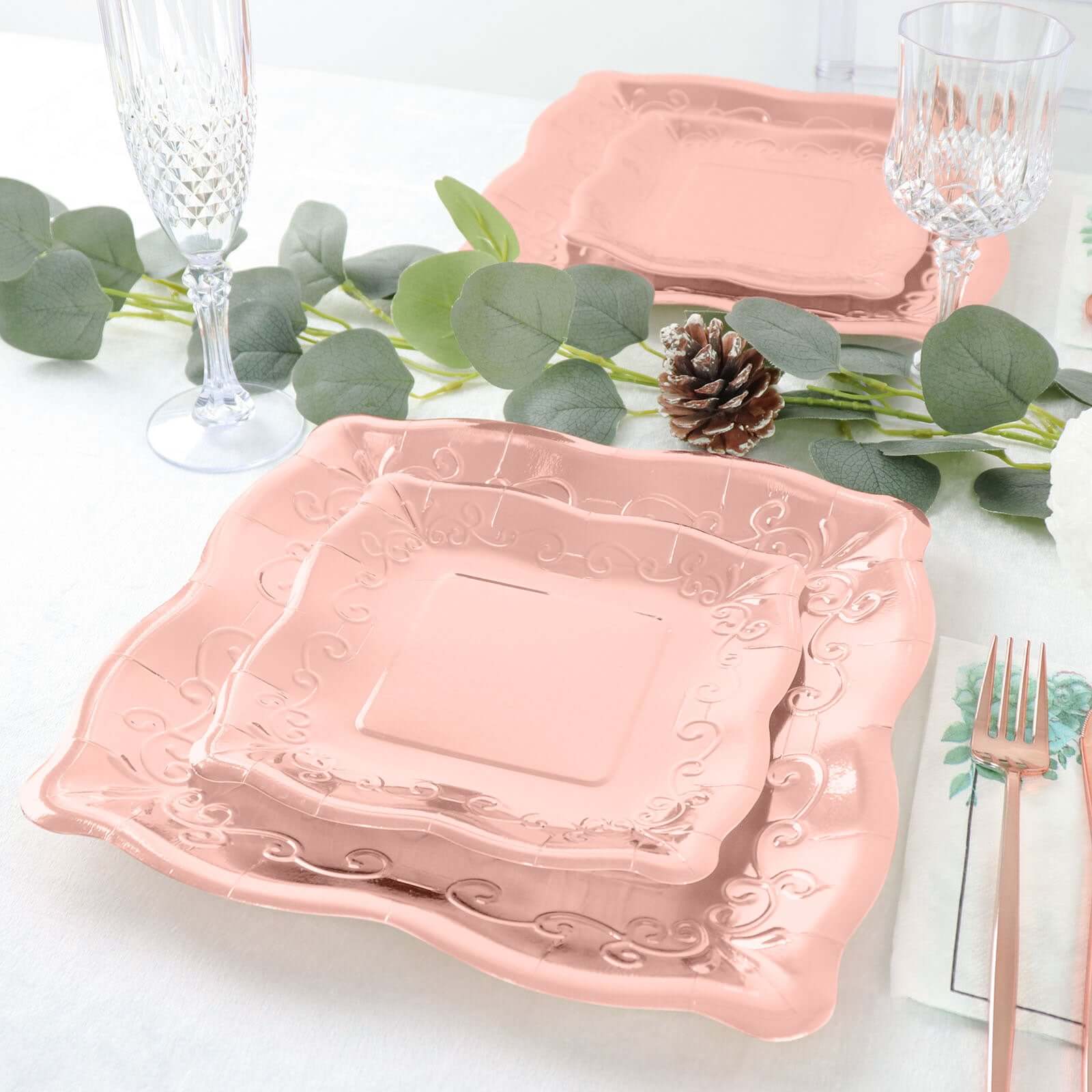 25-Pack Paper 7 Square Dessert Plates in Rose Gold with Vintage Pottery Embossed Design - Shiny Metallic Disposable Appetizer Plates