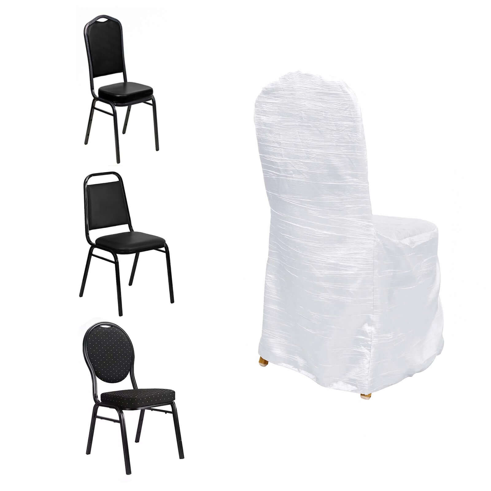 Crinkle Crushed Taffeta Chair Cover for Banquet Chairs White - Reusable Chic Wedding Decor