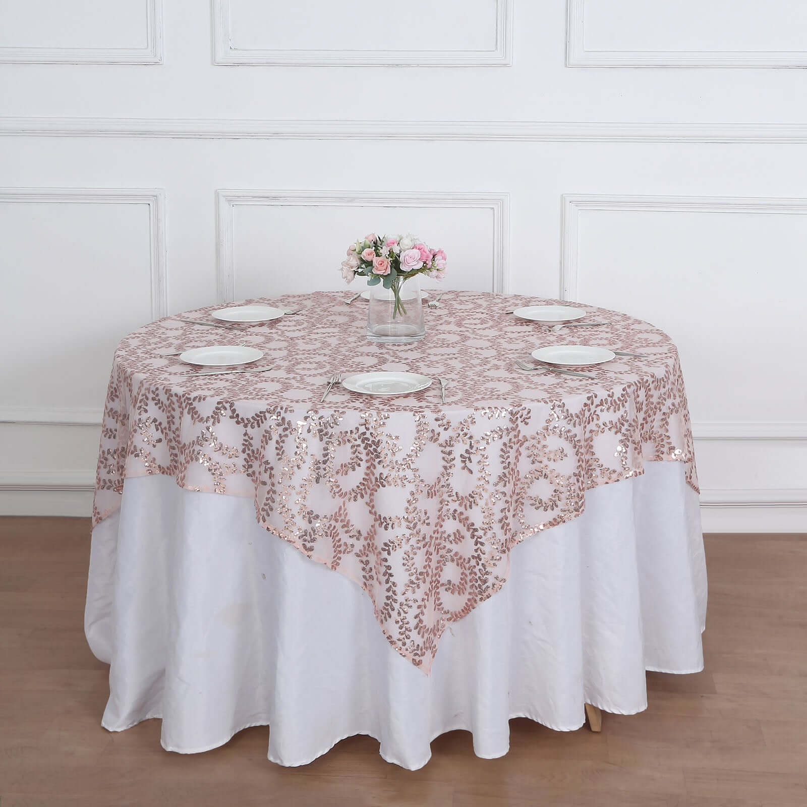 Tulle 72x72 Table Overlay Square Tablecloth Rose Gold - Sequin Leaf Embroidered Table Topper