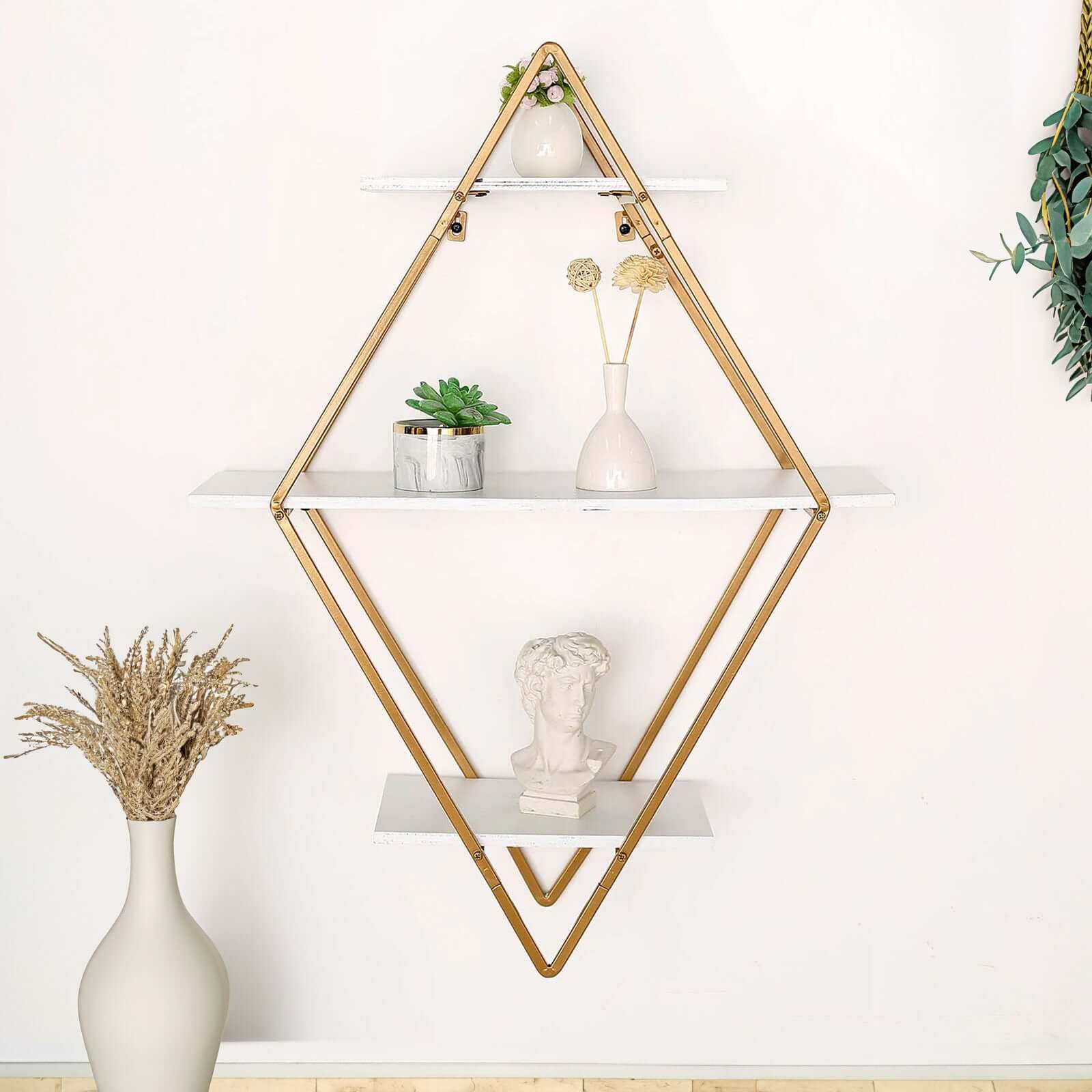 31 Geometric Diamond Shaped 3-Tier Gold Metal Dessert Cupcake Stand Rack, Wall Hanging Display Shelf Display, Book Shelf With White Wood Panels