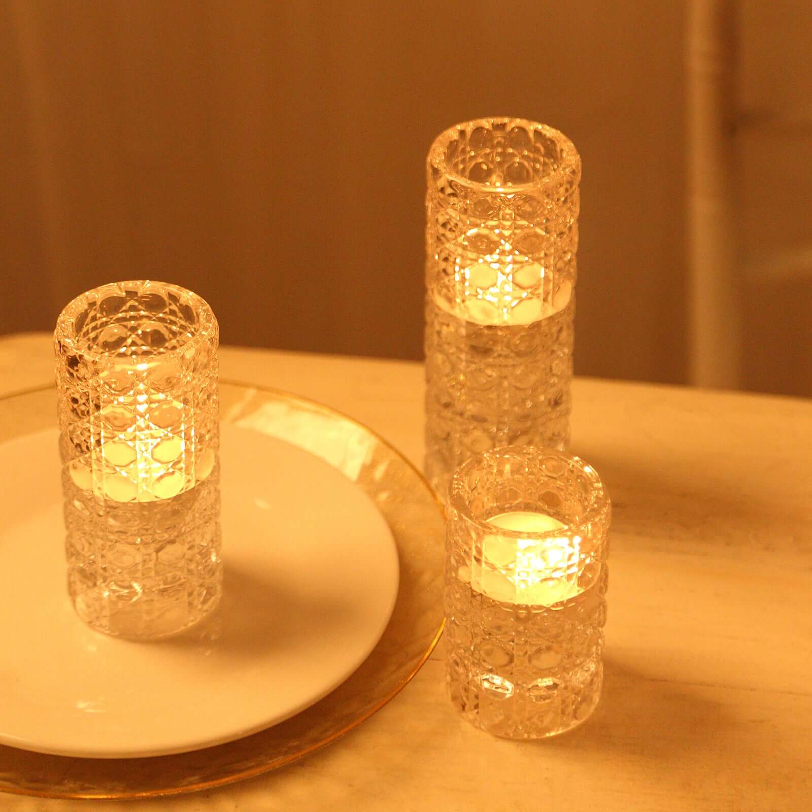 Set of 3 Glass Taper Candle Holders Clear with Gemstone Pattern - Dual Sided Crystal Cylinder Tealight Stands 3, 4, 5.5