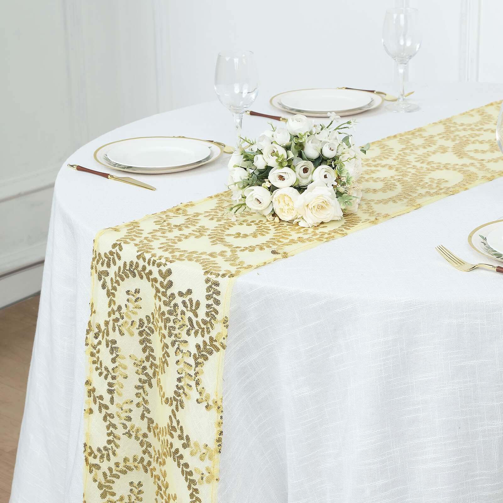 Mesh 12x108 Table Runner Gold - Leaf Vine Sequin Embroidered Design for Sophisticated Occasion