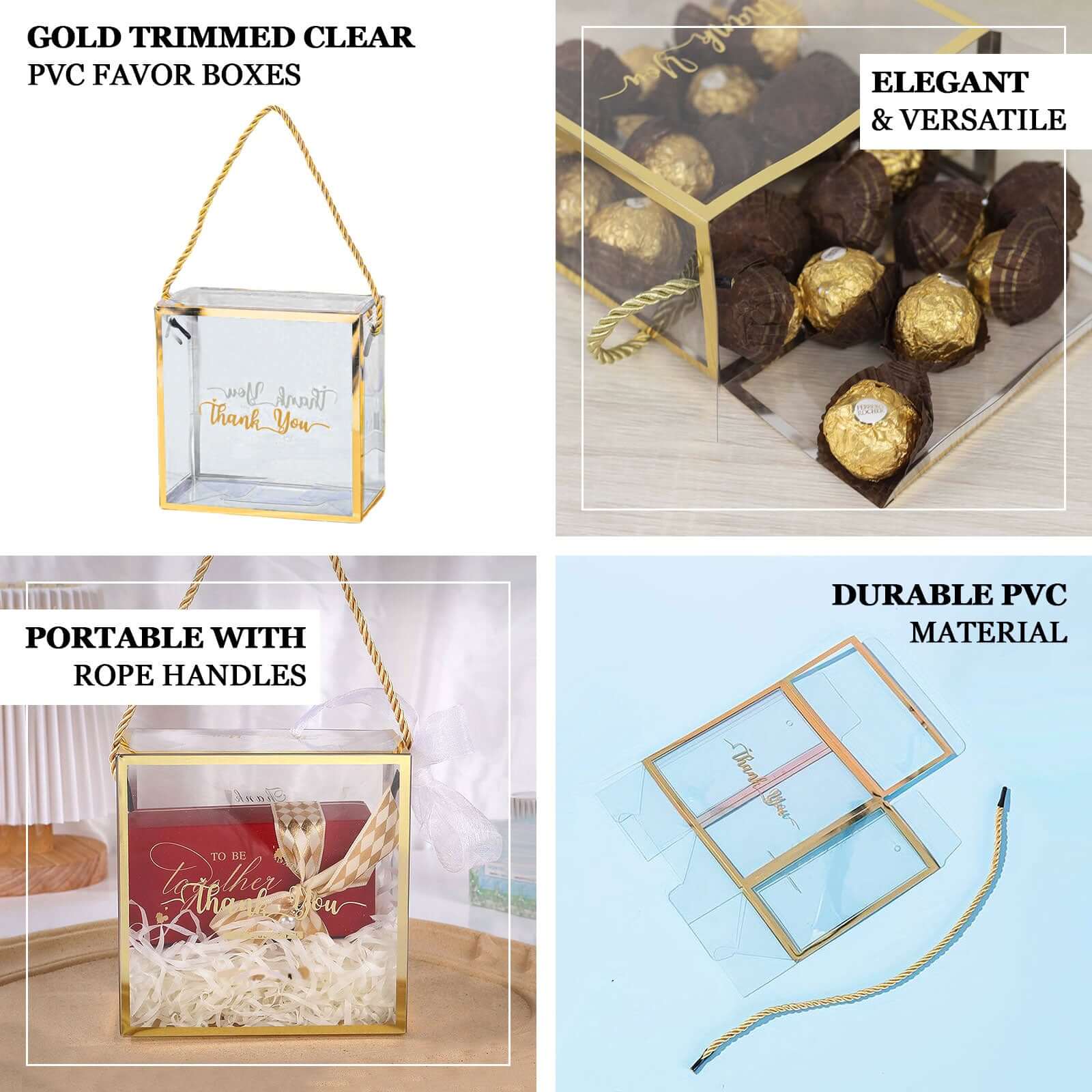 25 Pack Gold Trimmed Clear PVC Gift Boxes with Rope Handles and Thank You Print, Transparent Portable Candy Favor Boxes - 5.5x5.5