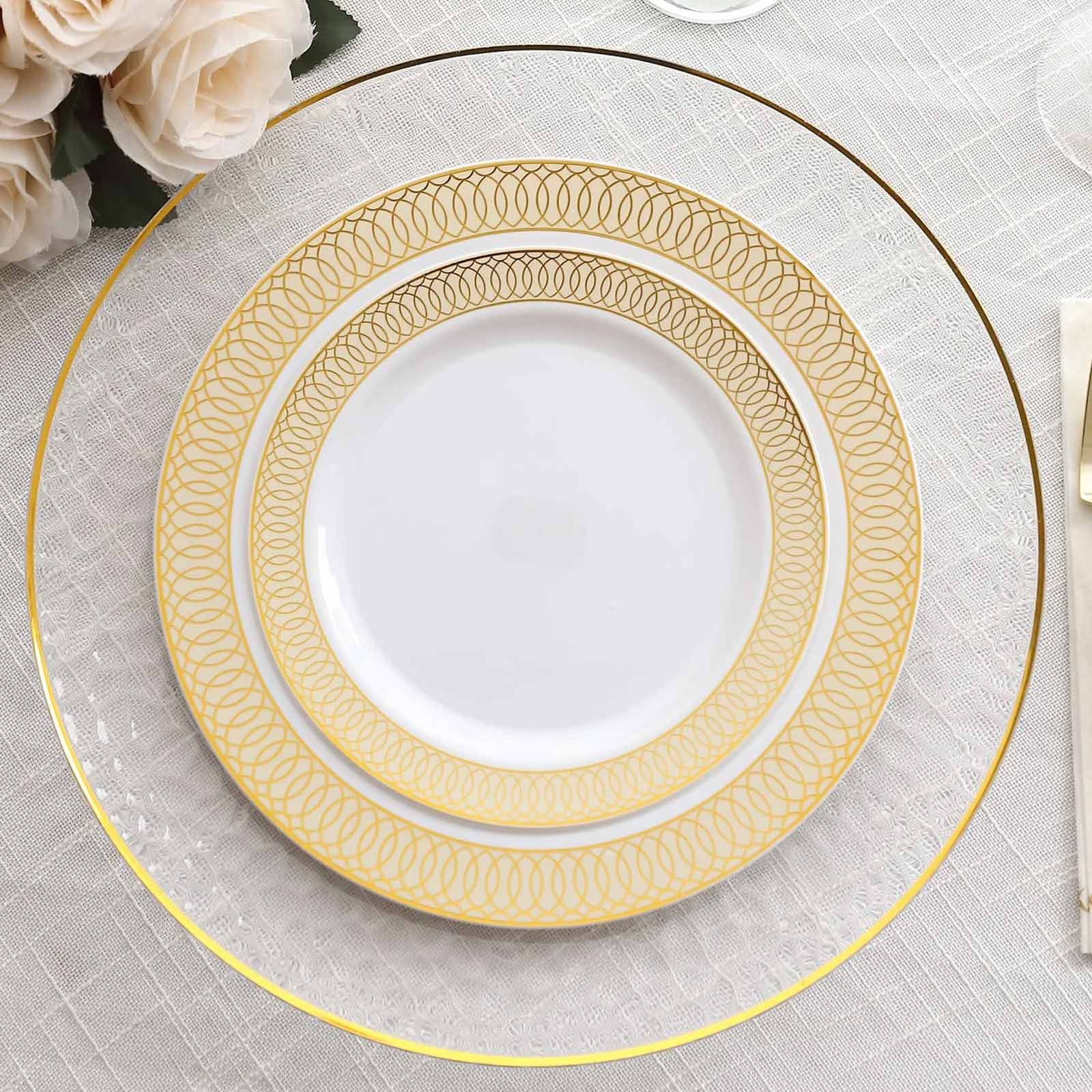 10-Pack Plastic Round Dessert Plates 7 White with Beige Gold Spiral Rim - Disposable Salad Plates