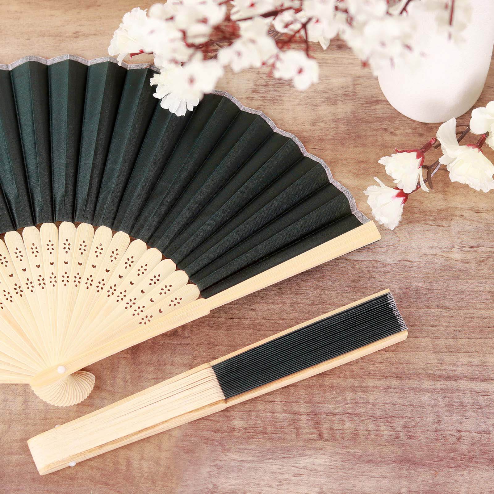 5 Pack Hunter Emerald Green Asian Silk Folding Fans Party Favors, Oriental Folding Fan Favors