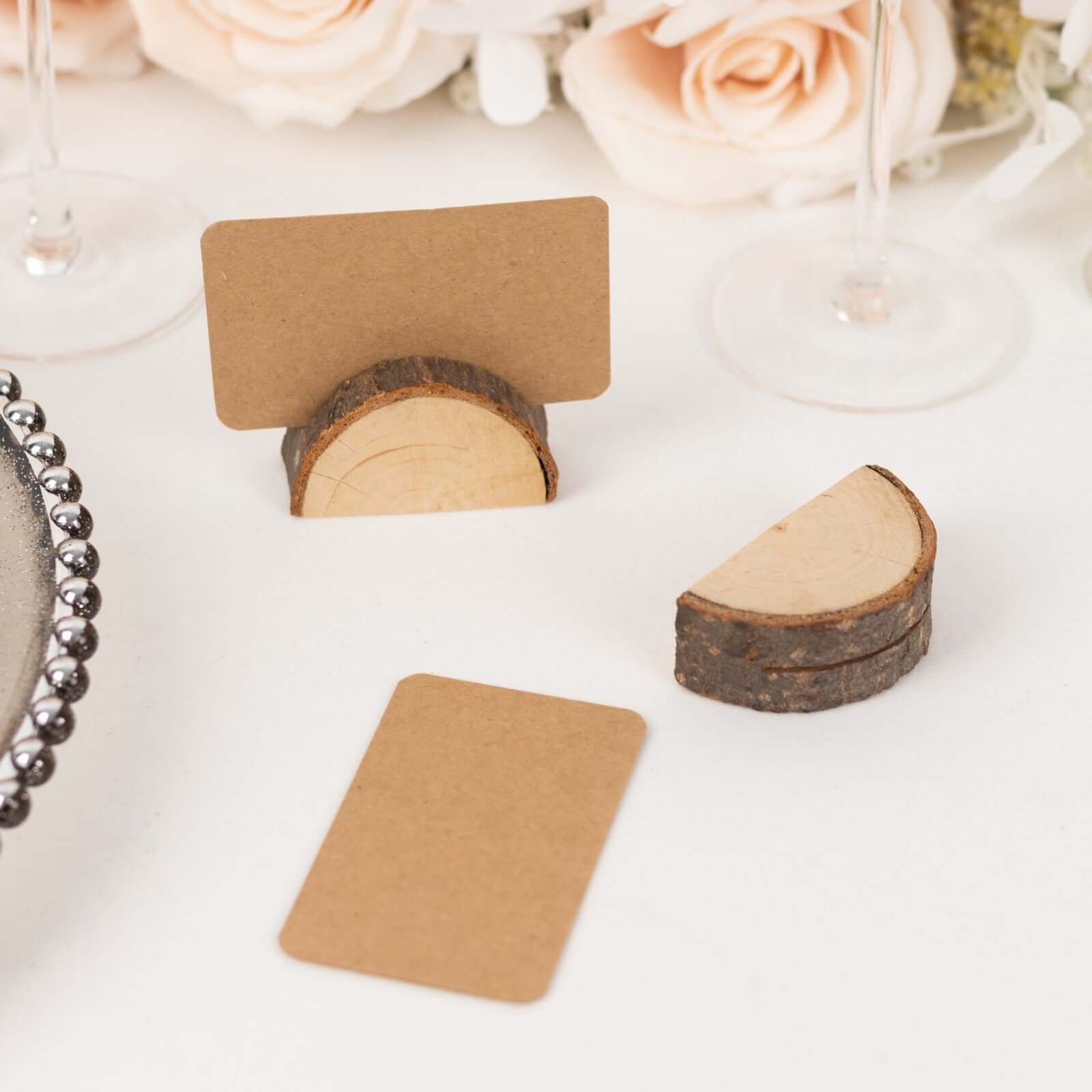 Set of 10 Wood Place Card Holders Rustic Semicircle Design Natural with Brown Paper - Wedding Table Number Display 2.5