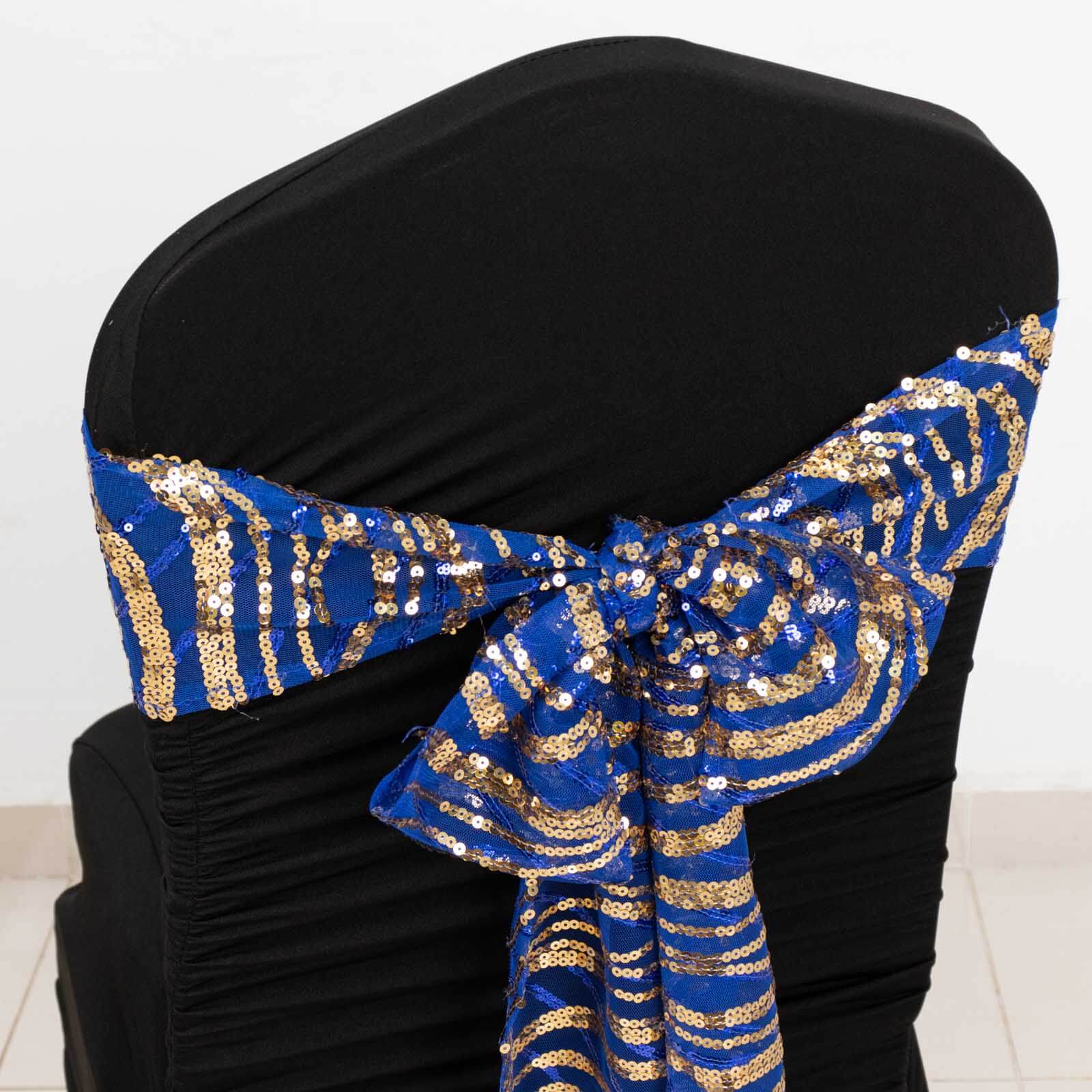 5 Pack Chair Sashes with Wave Embroidered Sequins Royal Blue/Gold 6x88