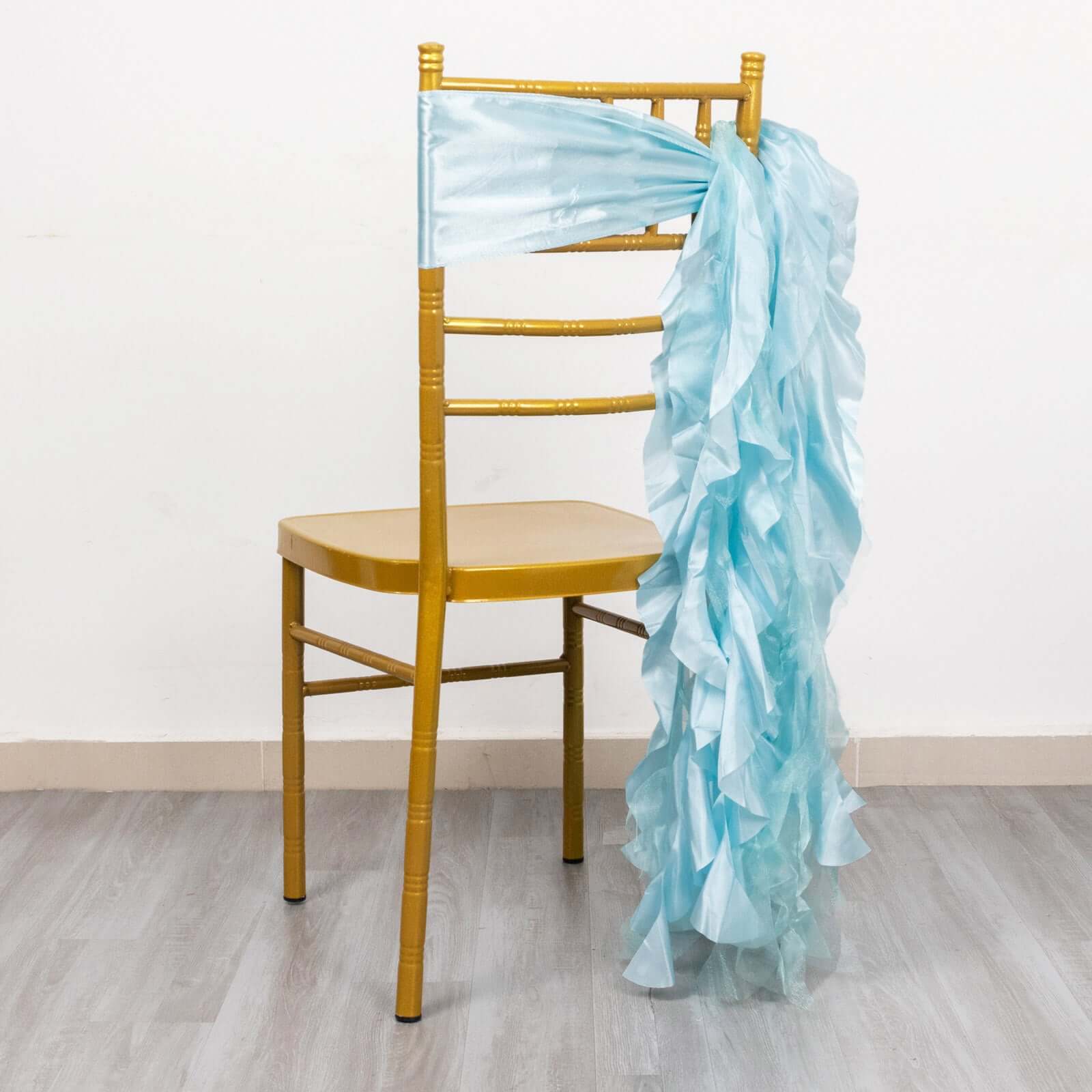 5 Pack Chiffon Satin Chair Sashes Light Blue - Easy to Install Ruffled Curly Willow