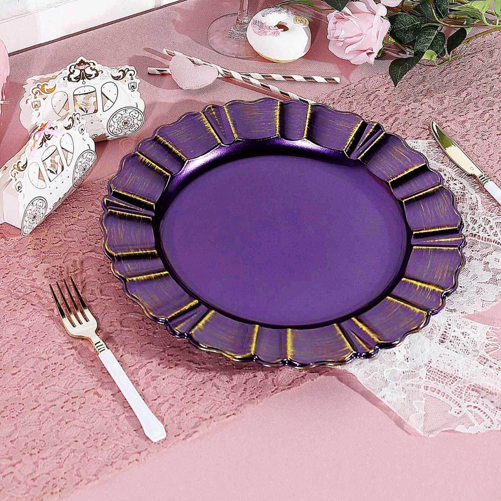 6-Pack Acrylic Plastic Round Charger Plates 13 in Purple with Gold Brushed Wavy Scalloped Rim, Decorative Dinner Party Charger Tableware