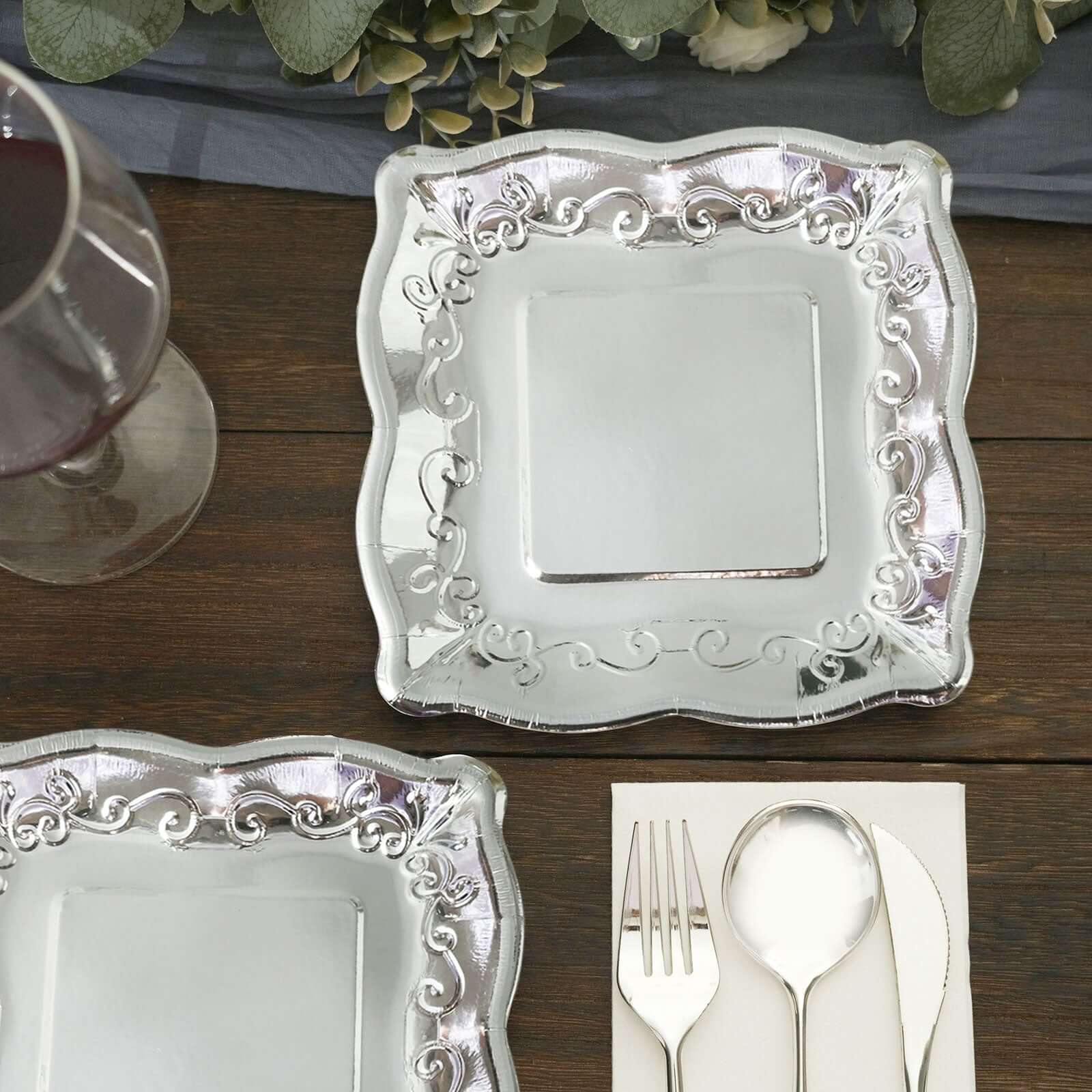 25-Pack Paper 7 Square Dessert Plates in Silver with Vintage Pottery Embossed Design - Shiny Metallic Disposable Appetizer Plates