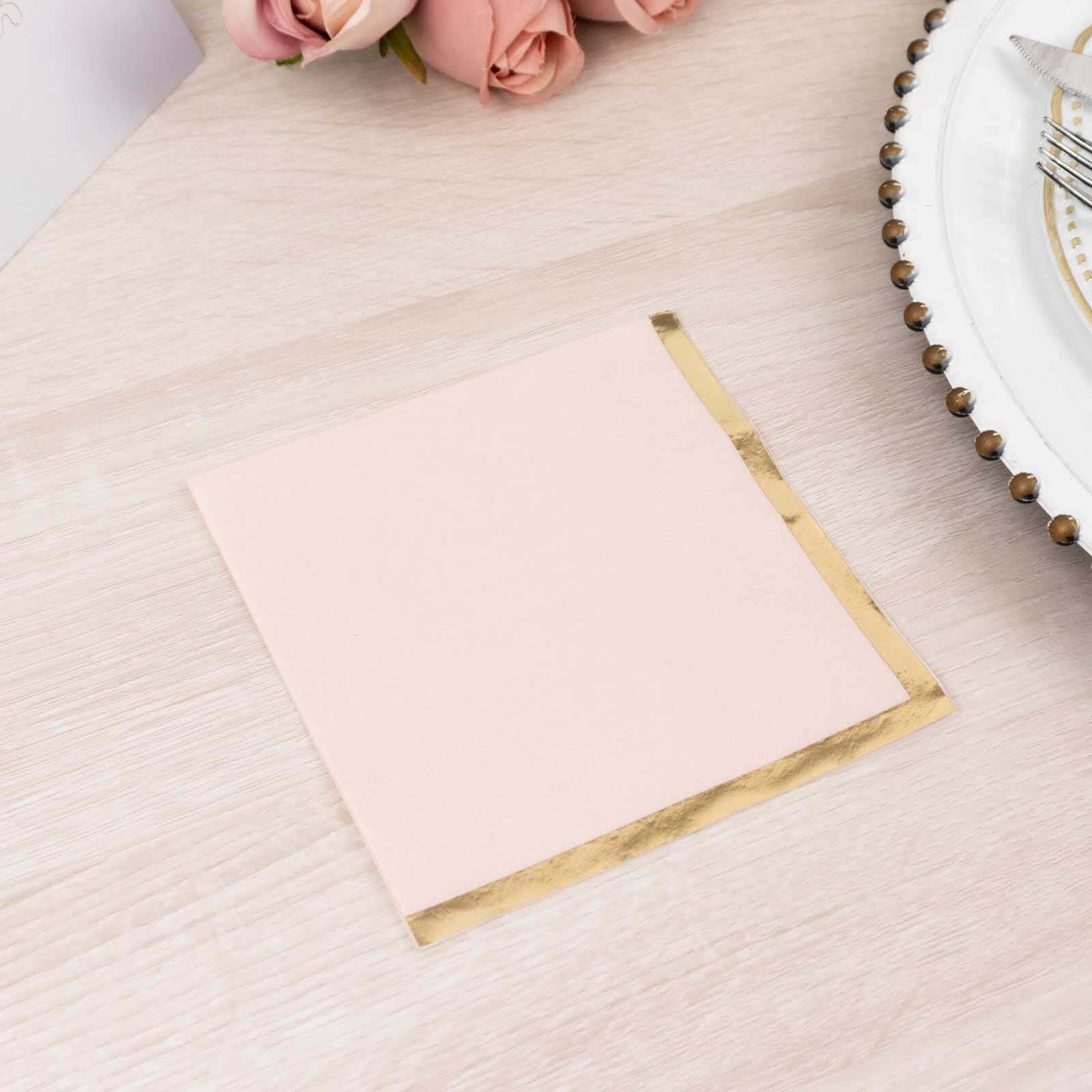 50-Pack Paper Beverage Napkins Blush with Gold Foil Edge - 2 Ply Disposable Soft 18GSM Cocktail Napkins 5x5