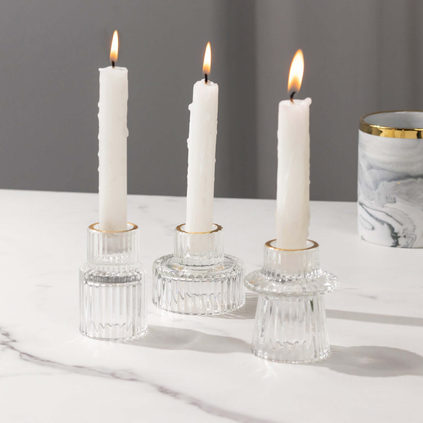 Set of 6 Glass Taper Candle Holders Ribbed Crystal Design with Gold Rim Clear - Reversible Mini Votive Tealight Stands 3