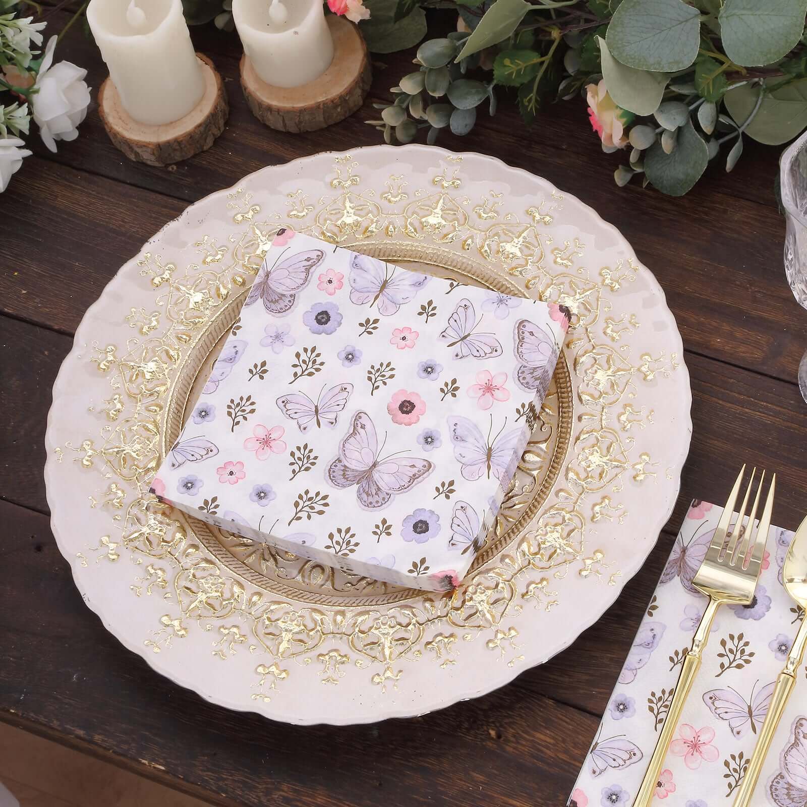 50-Pack Paper Beverage Napkins with Lavender Butterfly Floral Design Ivory - 2 Ply Soft 18GSM Garden Wedding Napkins 6.5x6.5