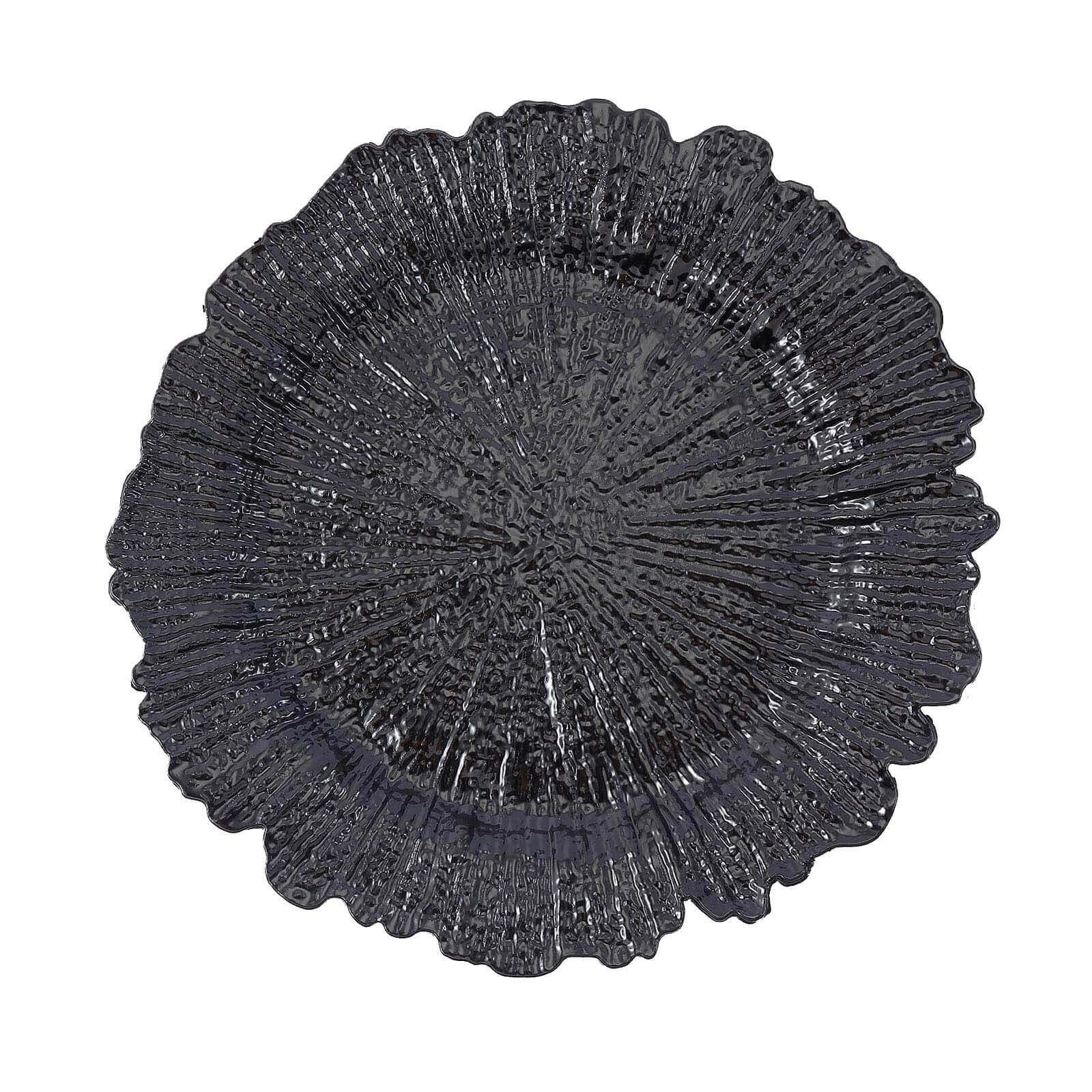 6-Pack Acrylic Plastic Round Charger Plates 13 in Black with Reef Design, Dinner Charger Tableware