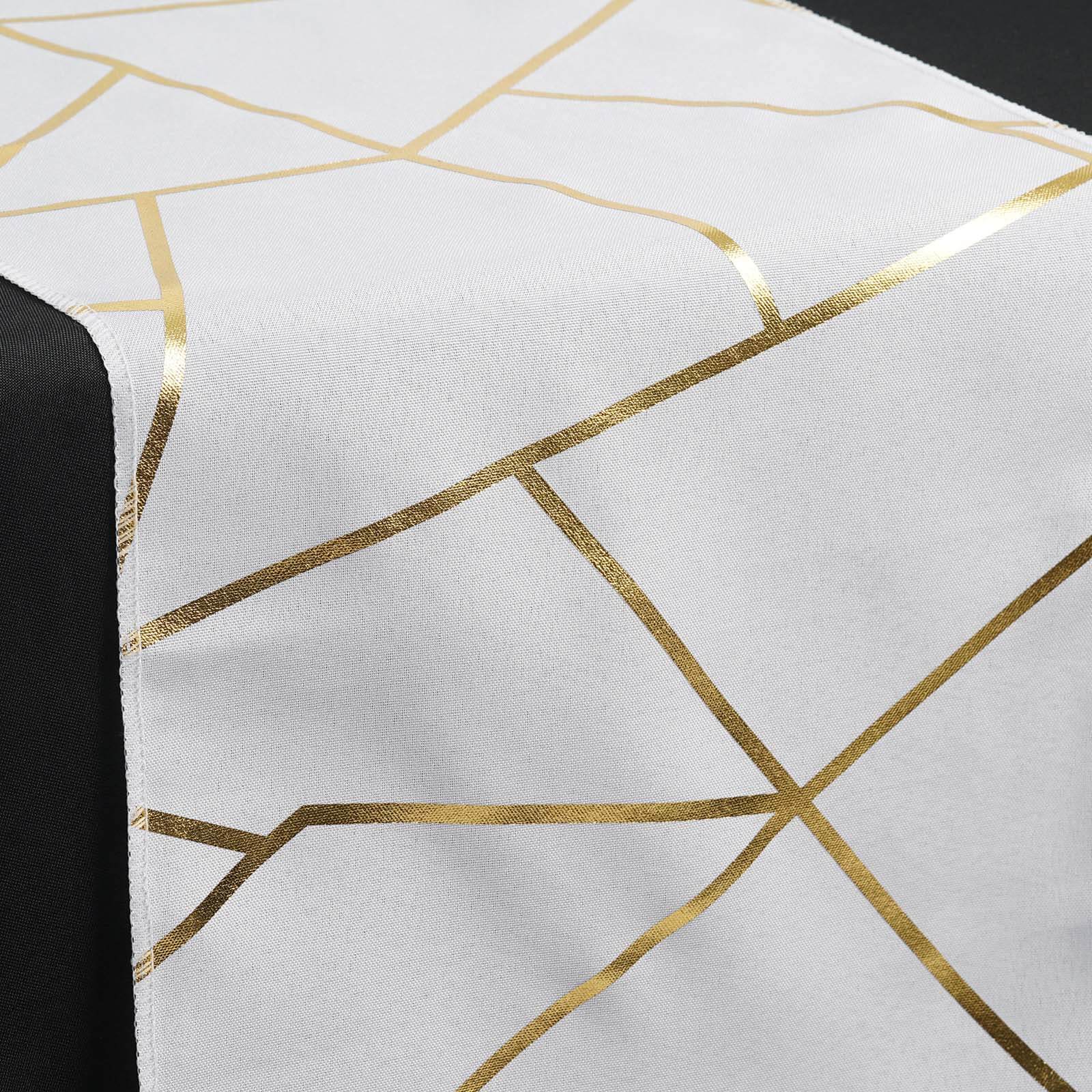 Polyester 9ft Table Runner White with Gold Foil Geometric Pattern - Modern & Stylish Table Decor