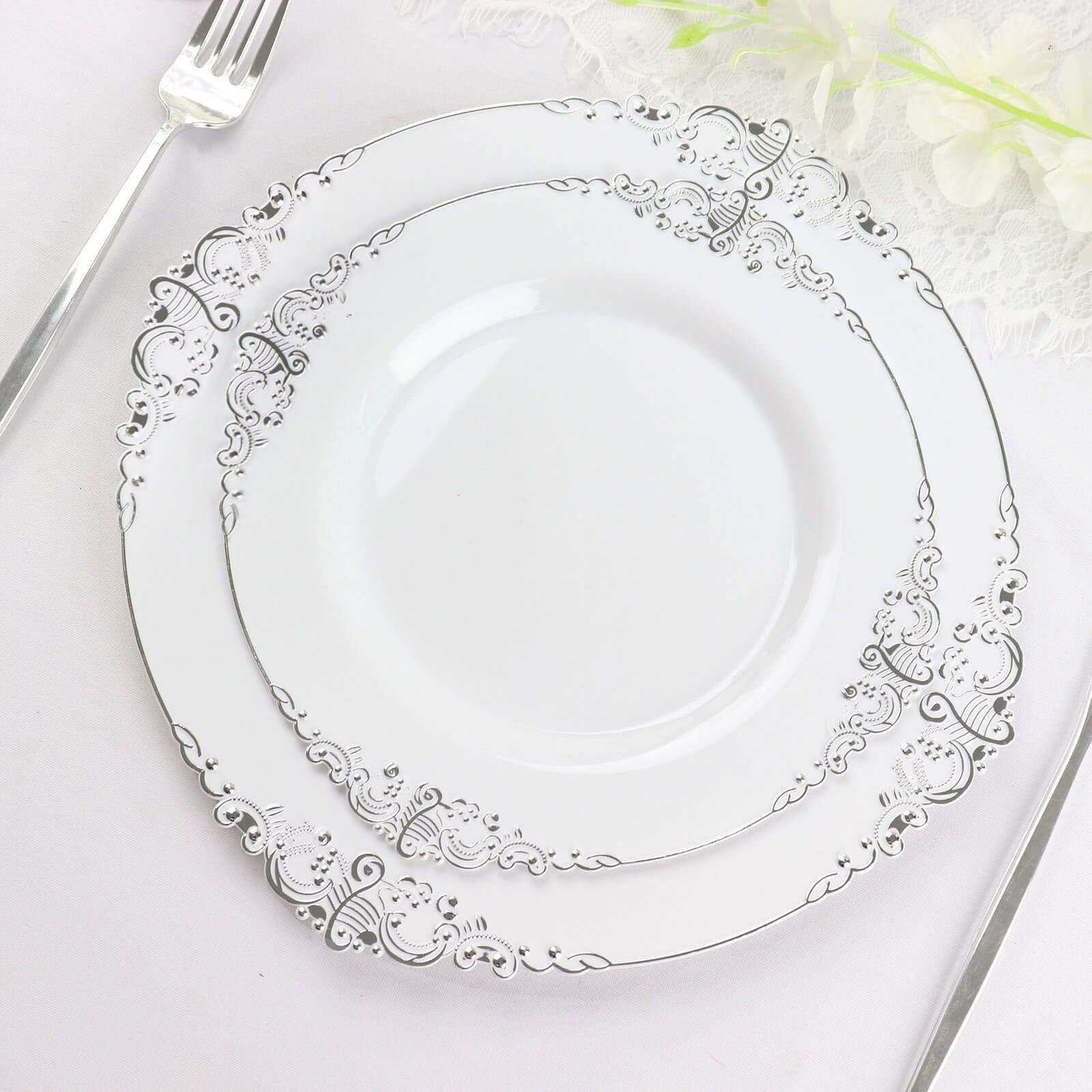 10-Pack Plastic 8 Round Dessert Plates in White with Silver Leaf Embossed Rim - Disposable Vintage Baroque Style Salad Plates