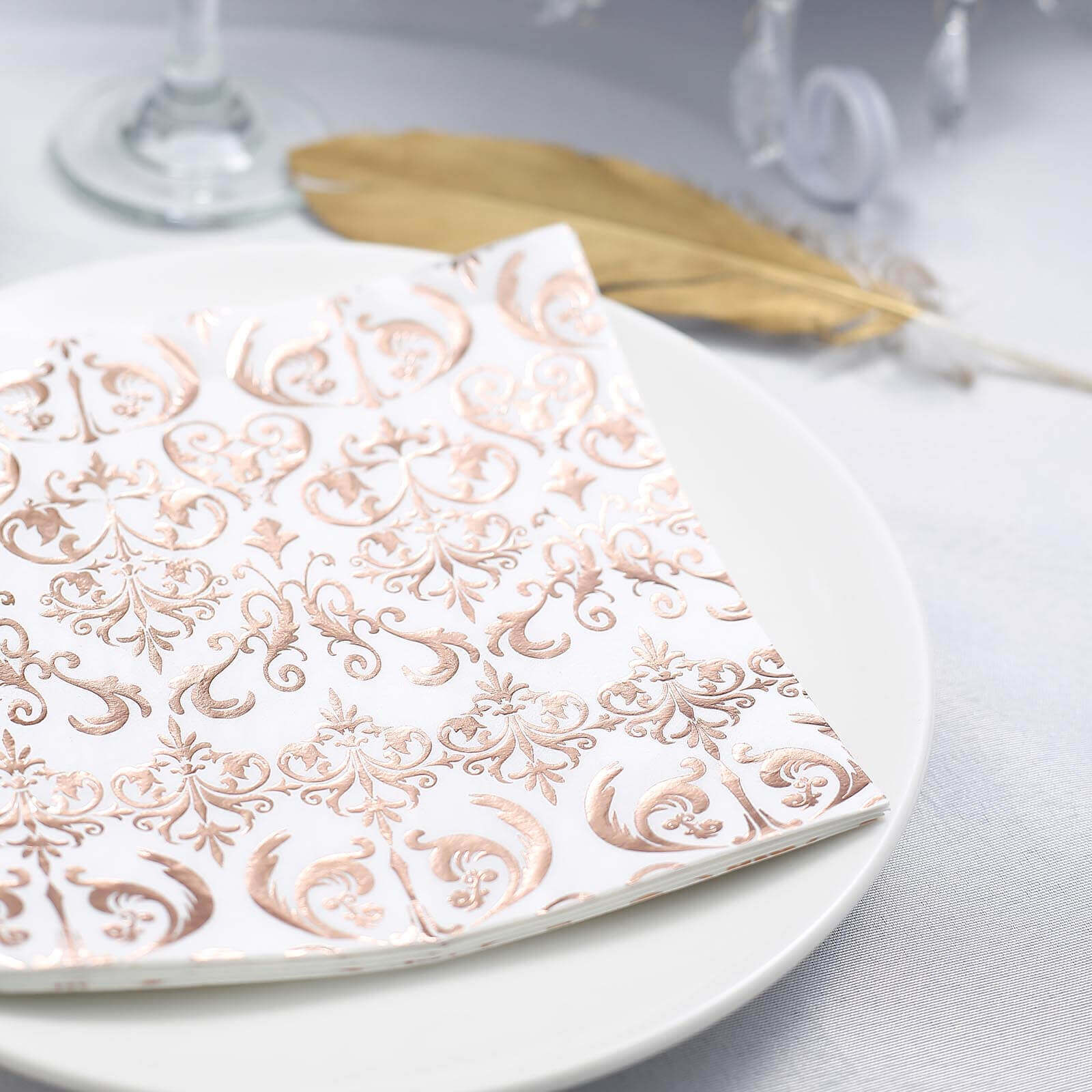 20-Pack Paper Dinner Napkins with Vintage Print Metallic Rose Gold - Disposable 3 Ply Cocktail Napkins for Weddings