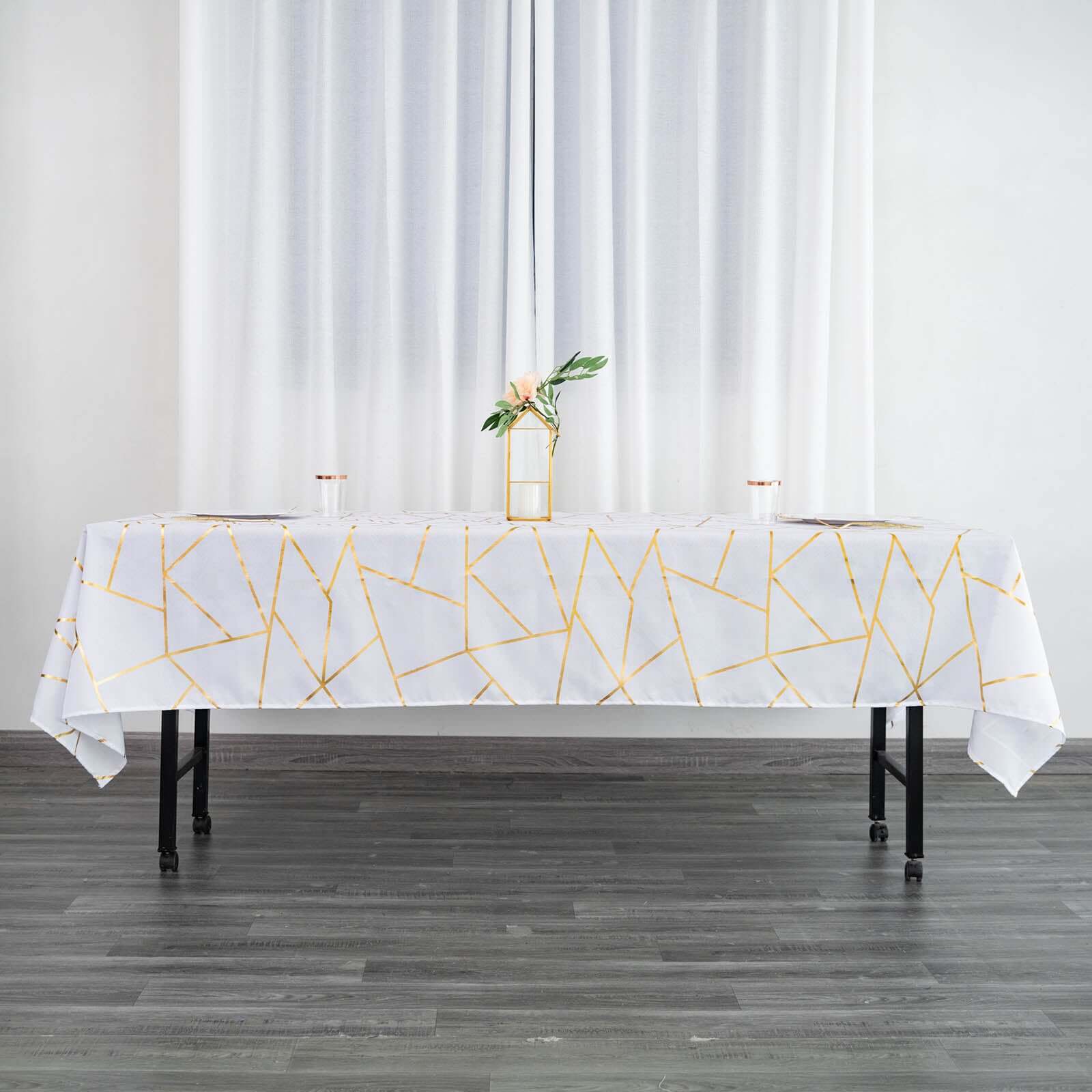 Polyester 60x102 Rectangle Tablecloth White with Gold Foil Geometric Pattern - Wrinkle-Resistant and Durable Table Cover for Weddings & Events