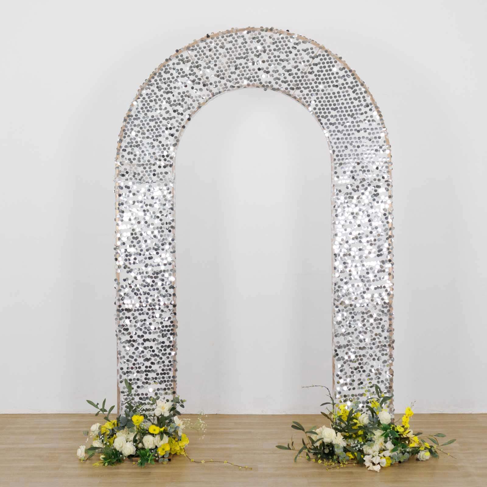 8ft Silver Big Payette Sequin Open Arch Wedding Arch Cover, Sparkly U-Shaped Fitted Backdrop Slipcover