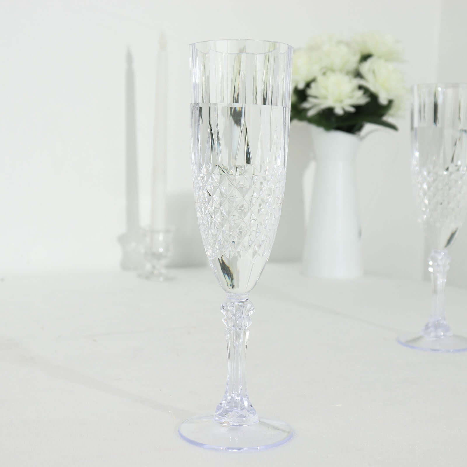 6-Pack Plastic Wedding Toast Flutes Clear Transparent Crystal Cut Style - Reusable Champagne Glasses 8oz