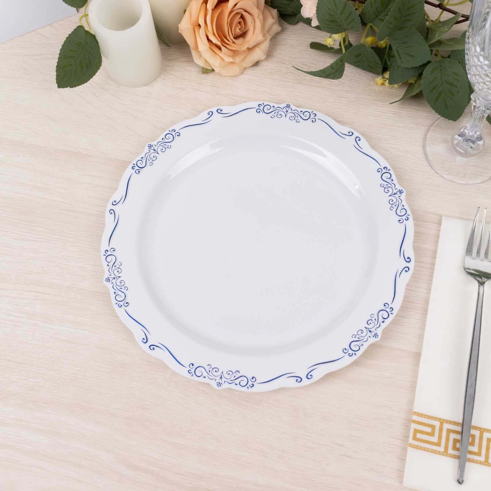 10-Pack Plastic 7 Round Dessert Plates in White with Blue Vintage Embossed Rim - Sturdy Disposable Scalloped Edge Salad Plates