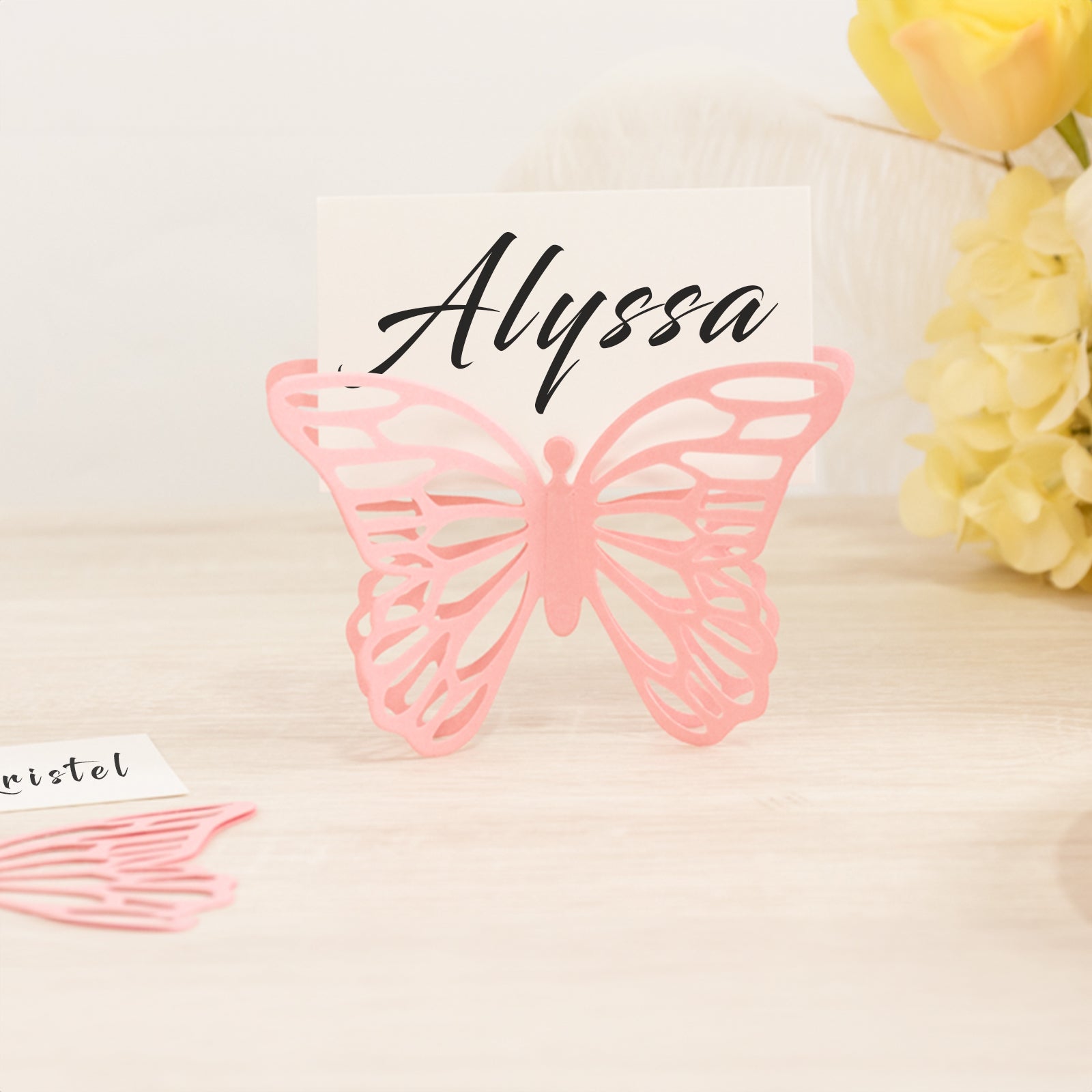 25-Pack Paper Butterfly Place Card Holders Pink with White Printable Cards - 3D Free Standing Table Number Stands 3x5