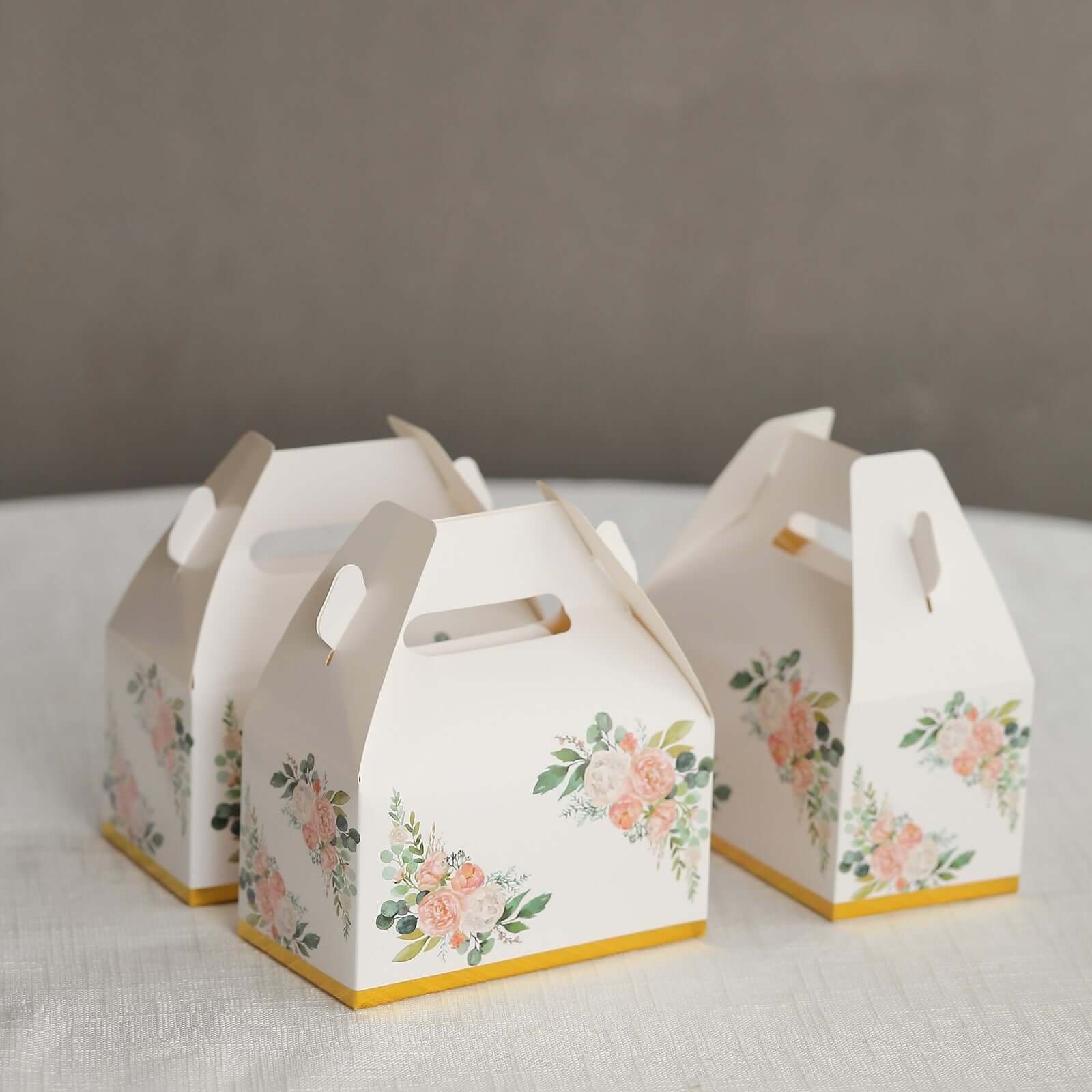 25 Pack White Pink Peony Flowers Print Candy Gift Tote Gable Boxes with Gold Edge, Party Favor Treat Boxes - 6x3.5x7