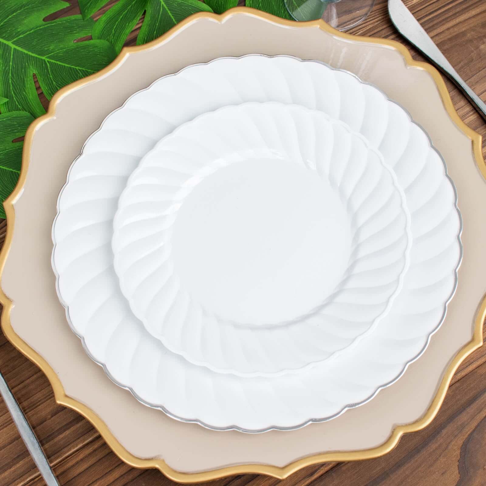 12-Pack Plastic Dessert Plates White Flair Rim - Sturdy Disposable Salad Plates 7.5