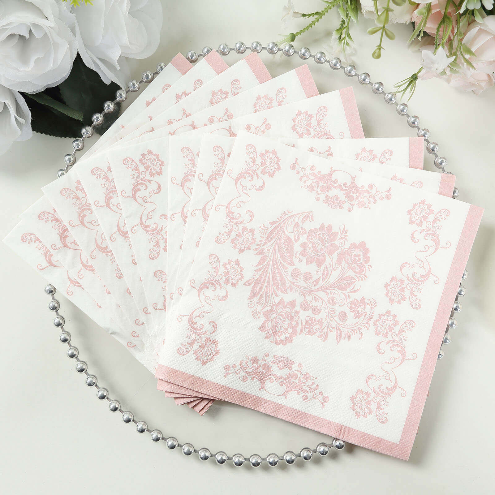 50-Pack Paper Cocktail Napkins with French Toile Floral Pattern White/Pink - Absorbent 2 Ply Disposable Napkins for Beverages