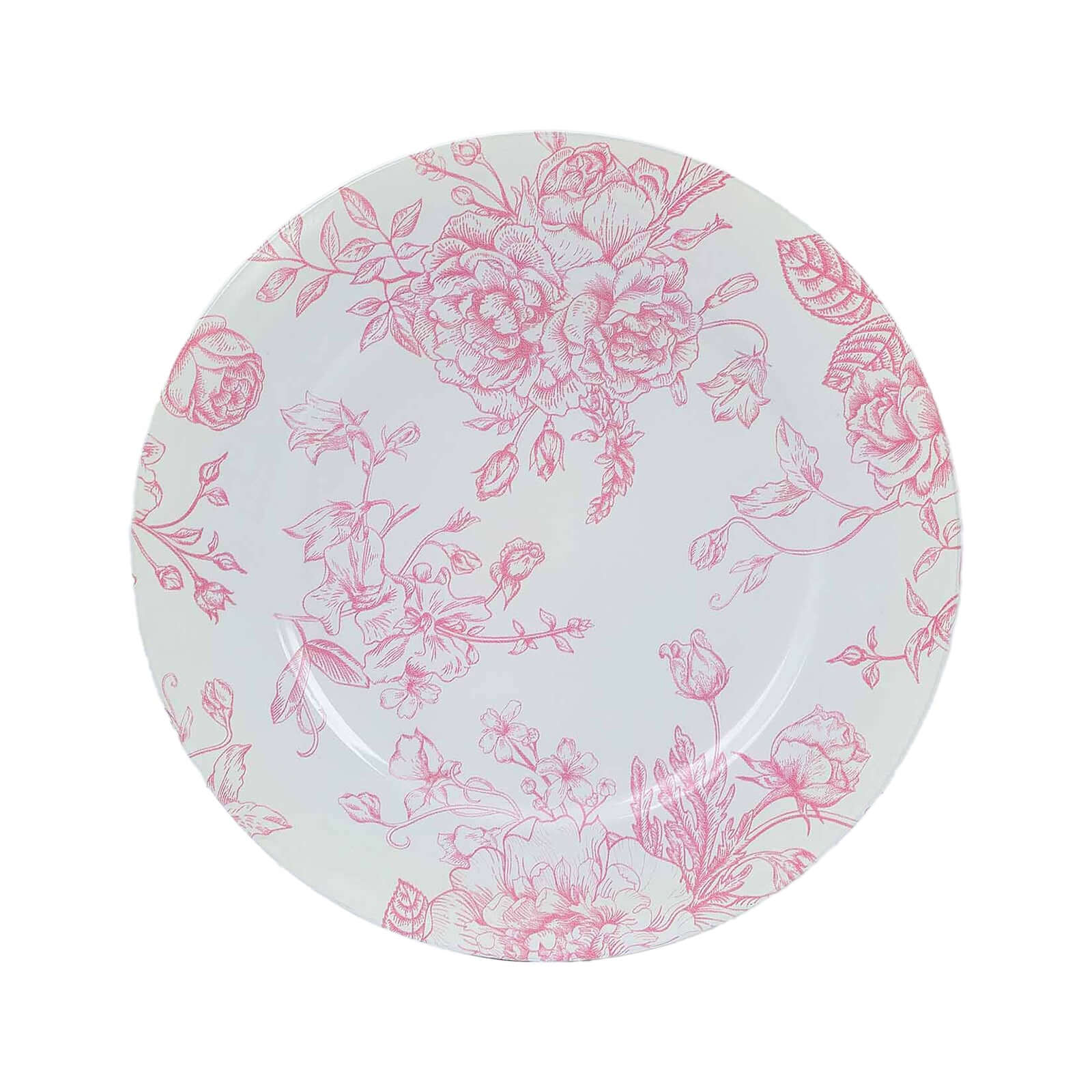 6-Pack Acrylic Round Charger Plates 13 in White with Pink Floral French Toile Pattern, Decorative Dinner Party Charger Tableware