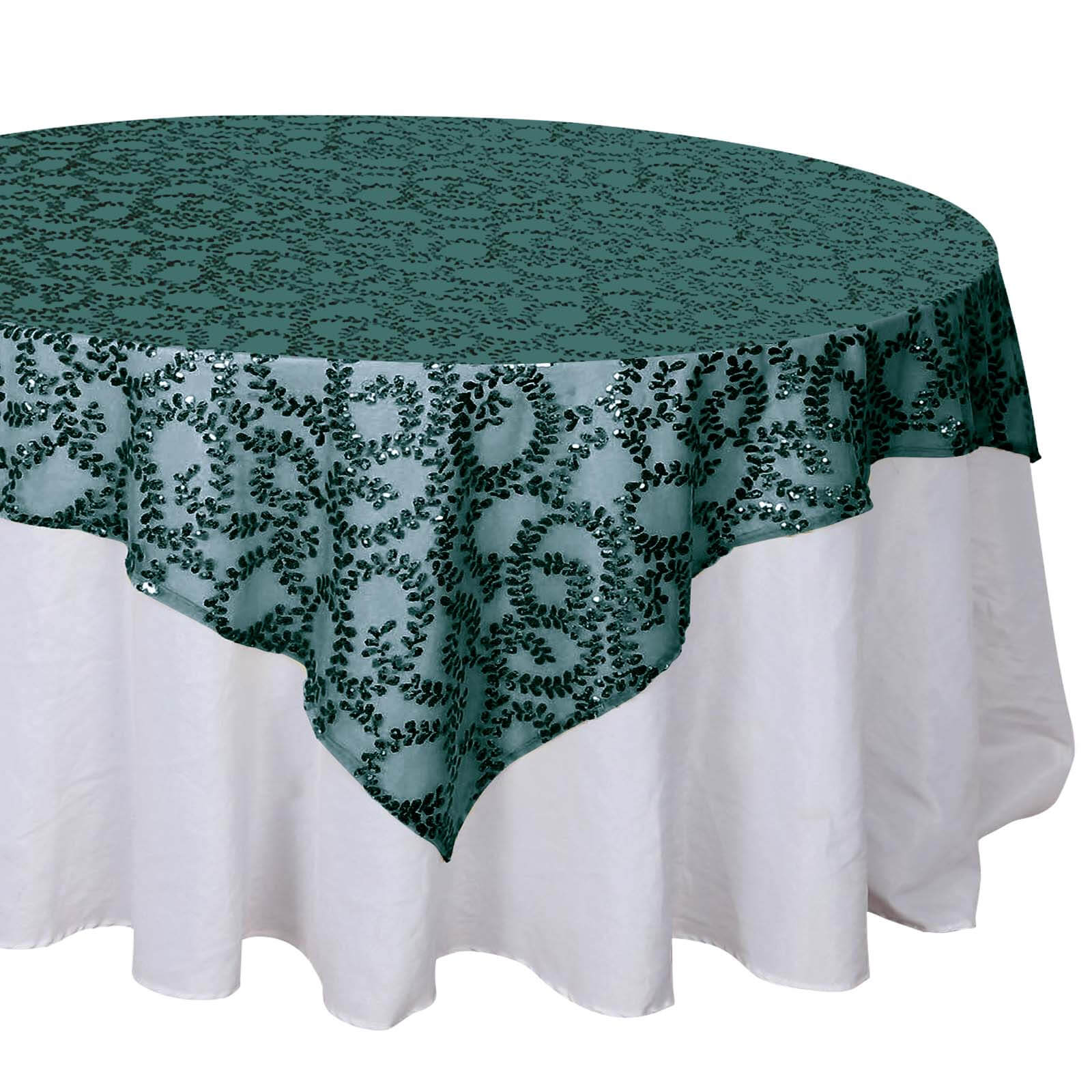 Tulle 72x72 Table Overlay Square Tablecloth Hunter Emerald Green - Sequin Leaf Embroidered Table Topper