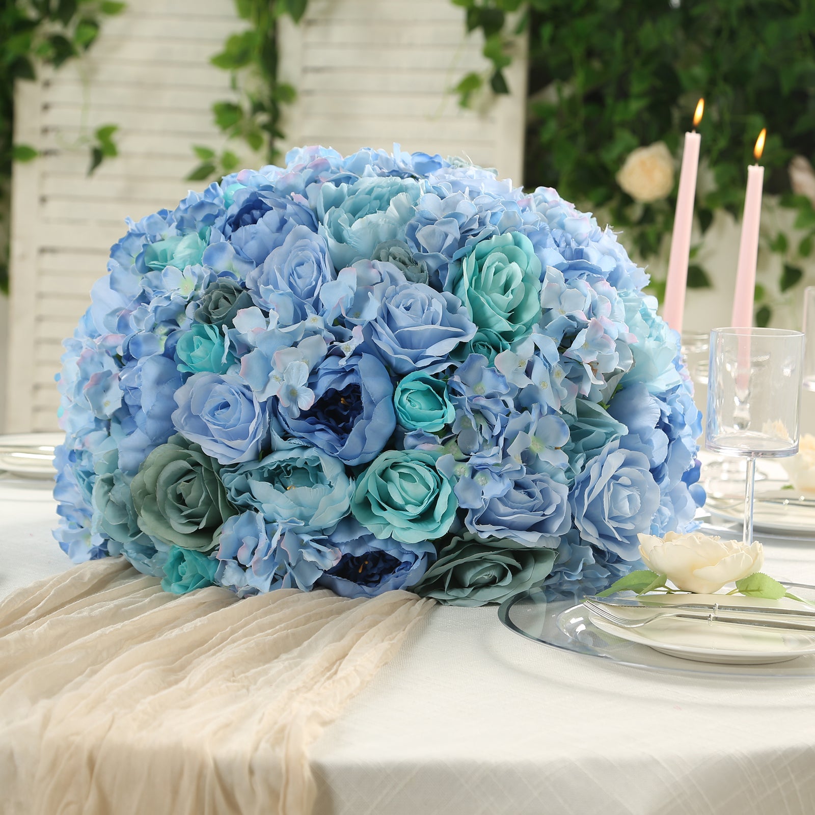 Pre-Arranged Silk Rose Bouquet Floral Arrangement Table Decor, Large Blue Artificial Rose Flower Balls Wedding Centerpieces - 20