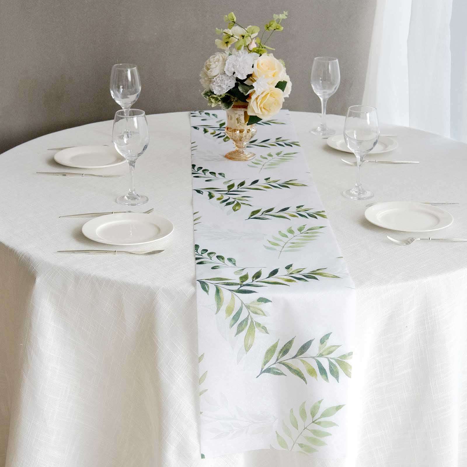 Disposable Table Runner 11x108 White with Green Olive Leaves Print - Non-woven Stylish Spring Summer Dining Decor