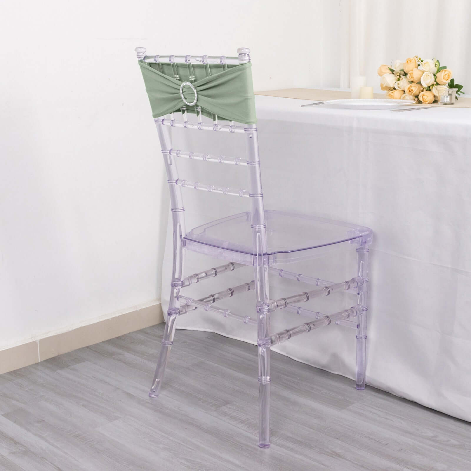 5 Pack Stretch Spandex Chair Sashes Sage Green - Reusable Chair Bands with Silver Diamond Ring Slide Buckle 5x14