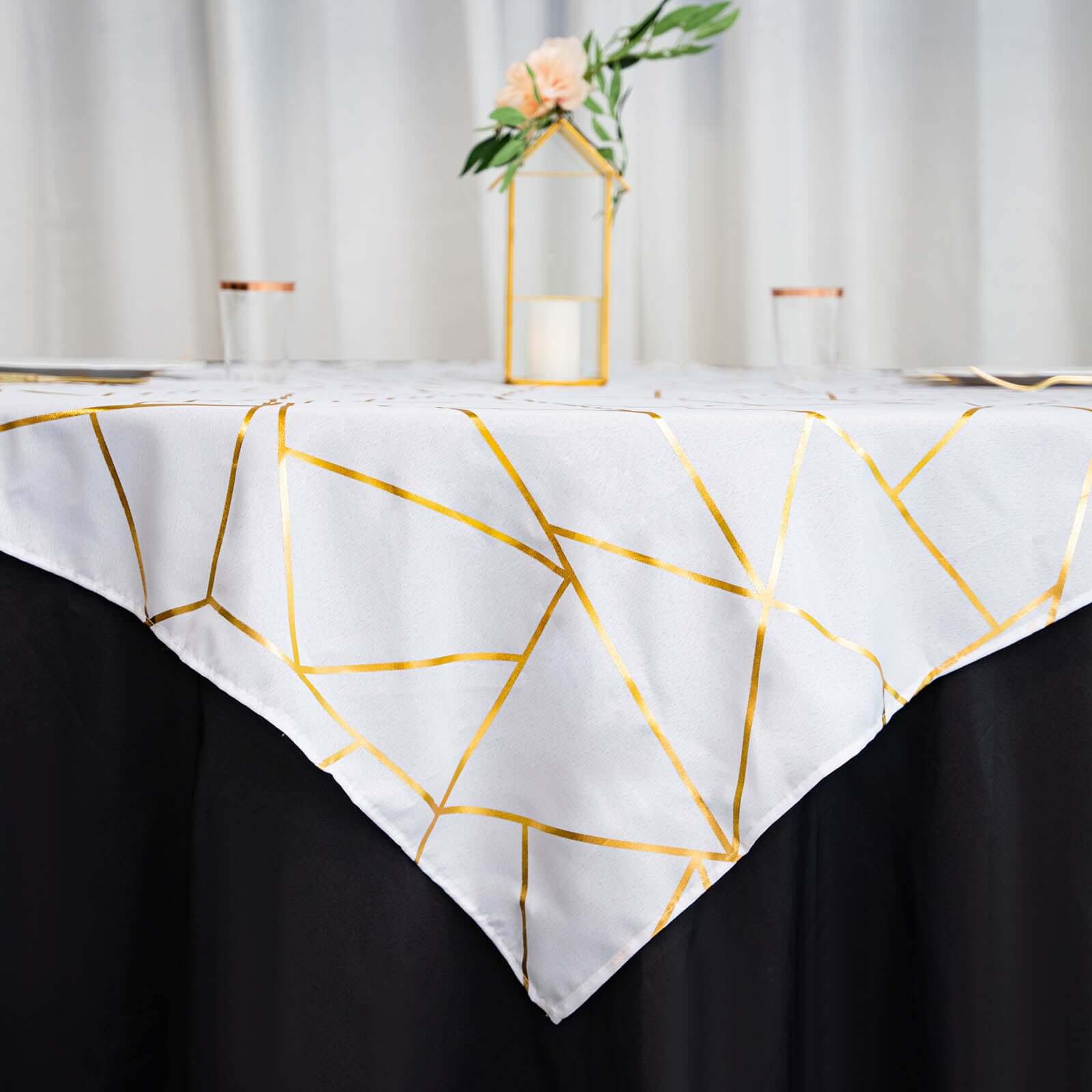 Polyester 54x54 Square Tablecloth White with Gold Foil Geometric Pattern - Wrinkle-Resistant & Durable for Stylish Settings