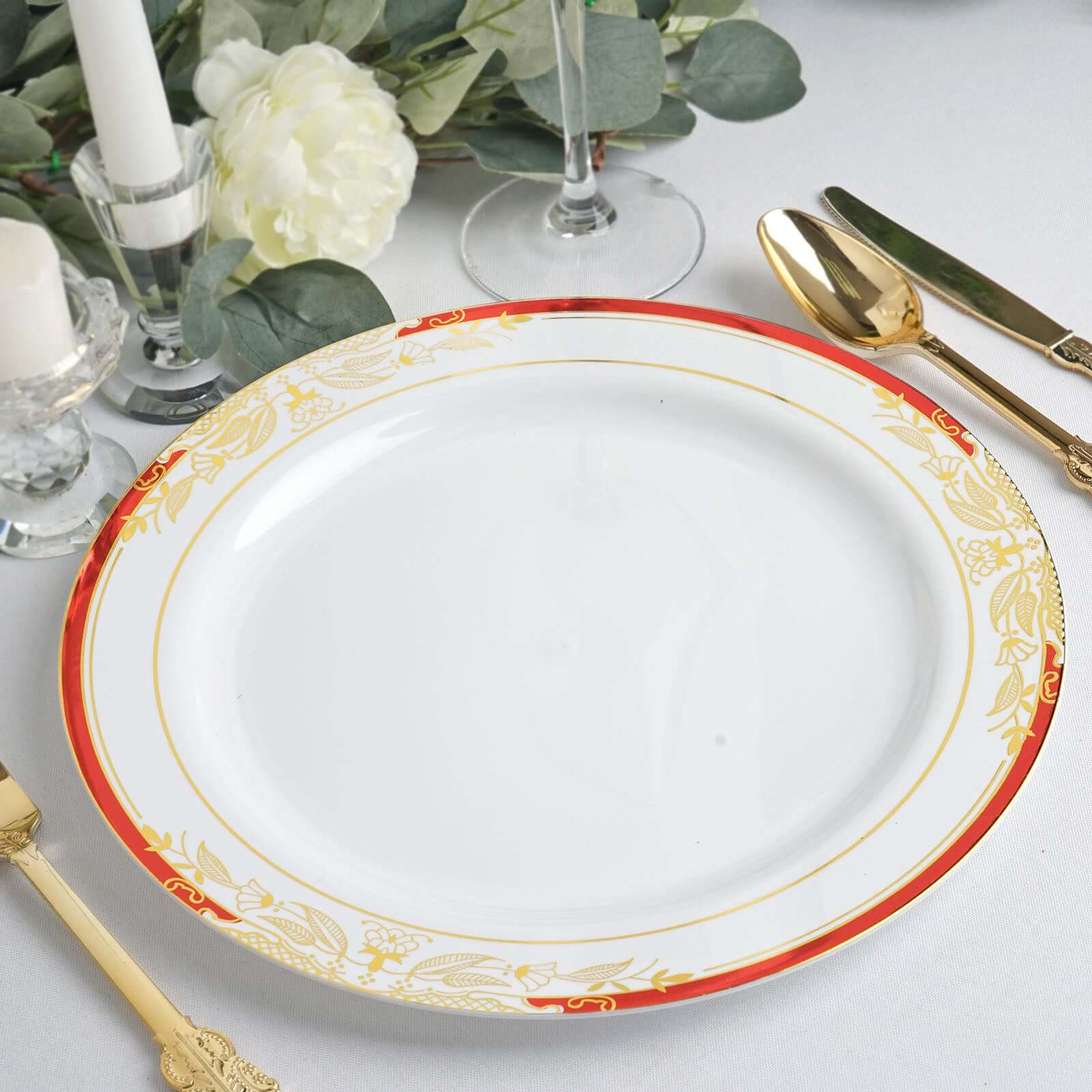 10 Pack White With Red Rim 10 Plastic Dinner Plates, Round With Gold Vine Design