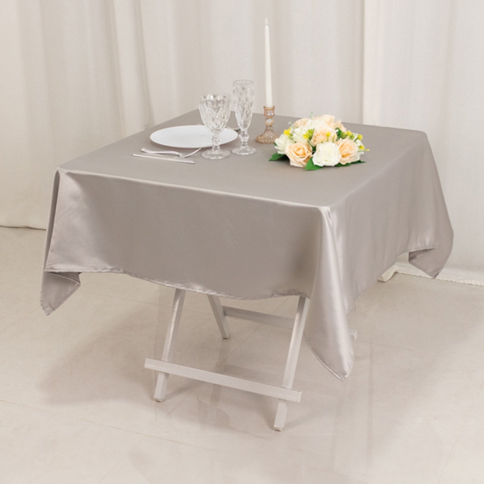 Lamour Satin 54x54 Table Overlay Square Tablecloth Silver - Durable & Silk-Like Table Cover