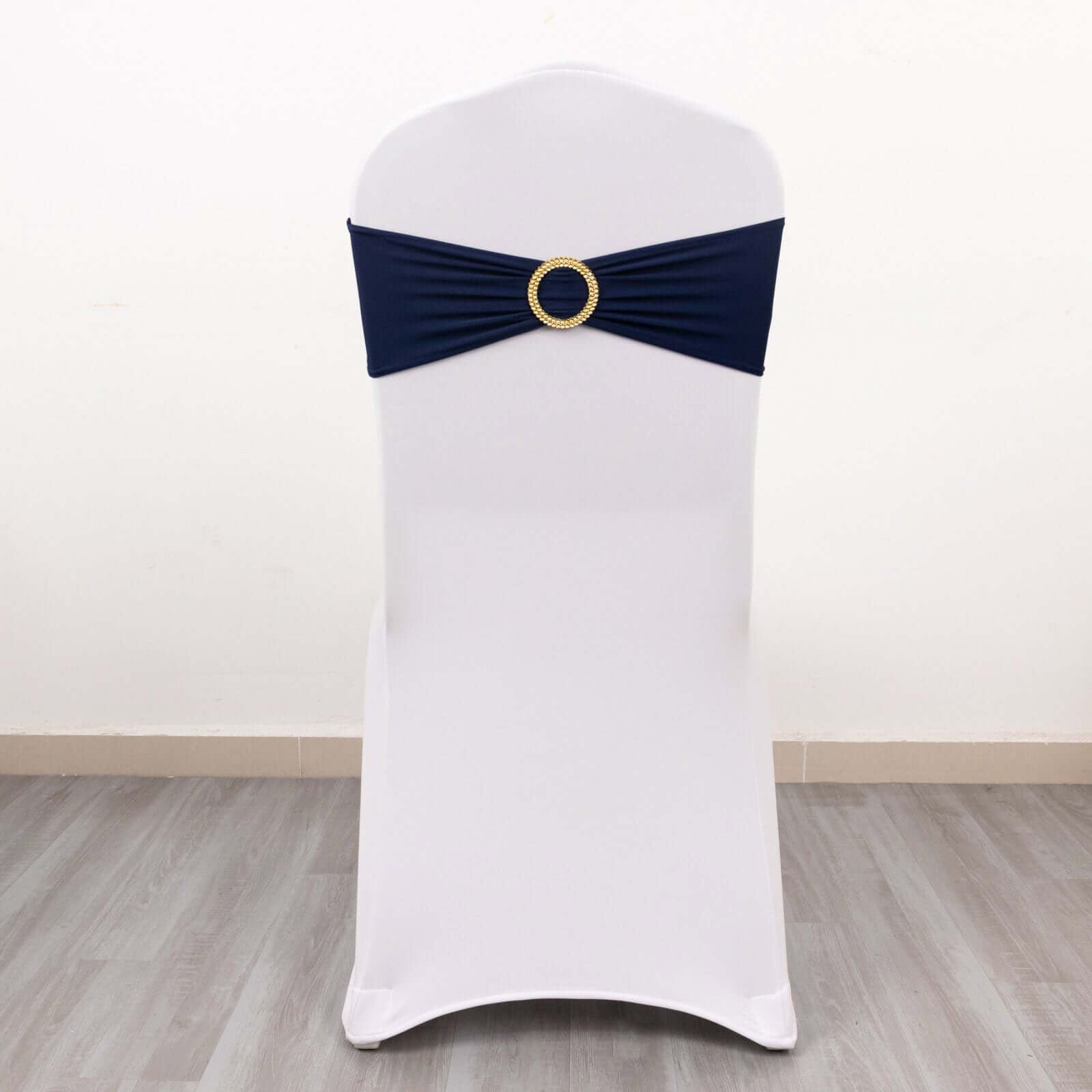 5 Pack Spandex Chair Sashes Navy Blue with Gold Rhinestone Buckles - Reusable Four-Way Stretch Sash Bands 5x14