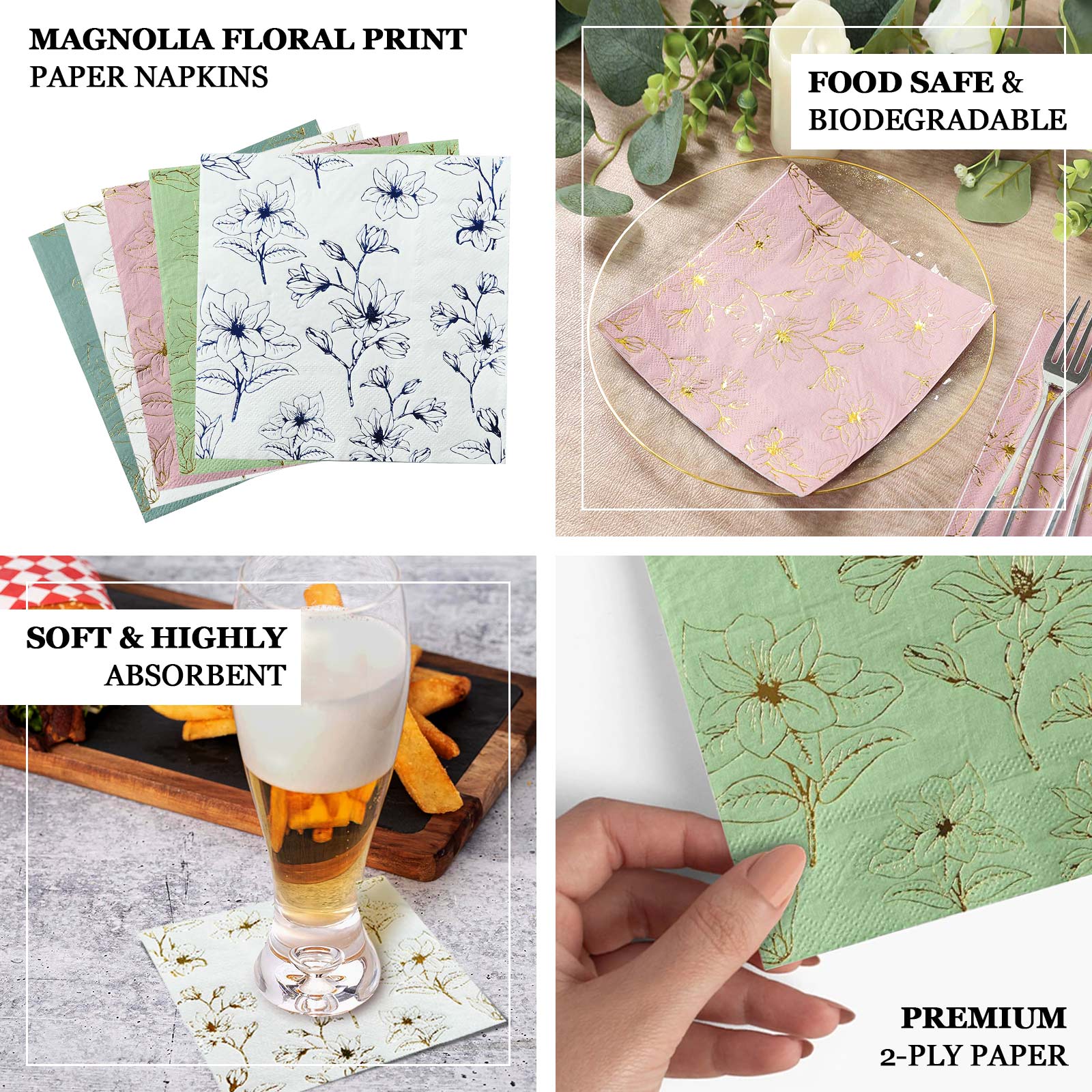 50-Pack Paper Cocktail Napkins with Gold Magnolia Flowers Print White - Highly 2 Ply Absorbent Soft Napkins for Beverages