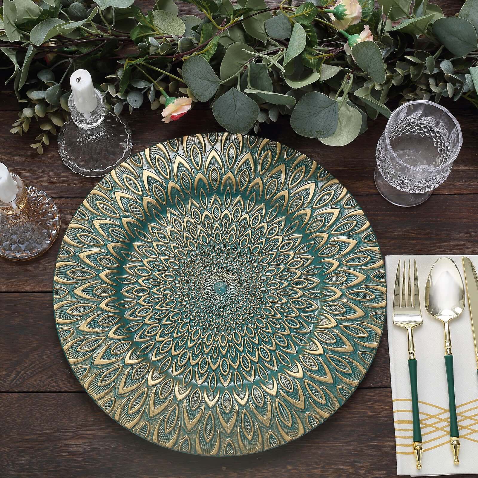 6-Pack Plastic Round Charger Plates 13 in Teal with Gold Embossed Peacock Pattern, Stylish Disposable Charger Tableware