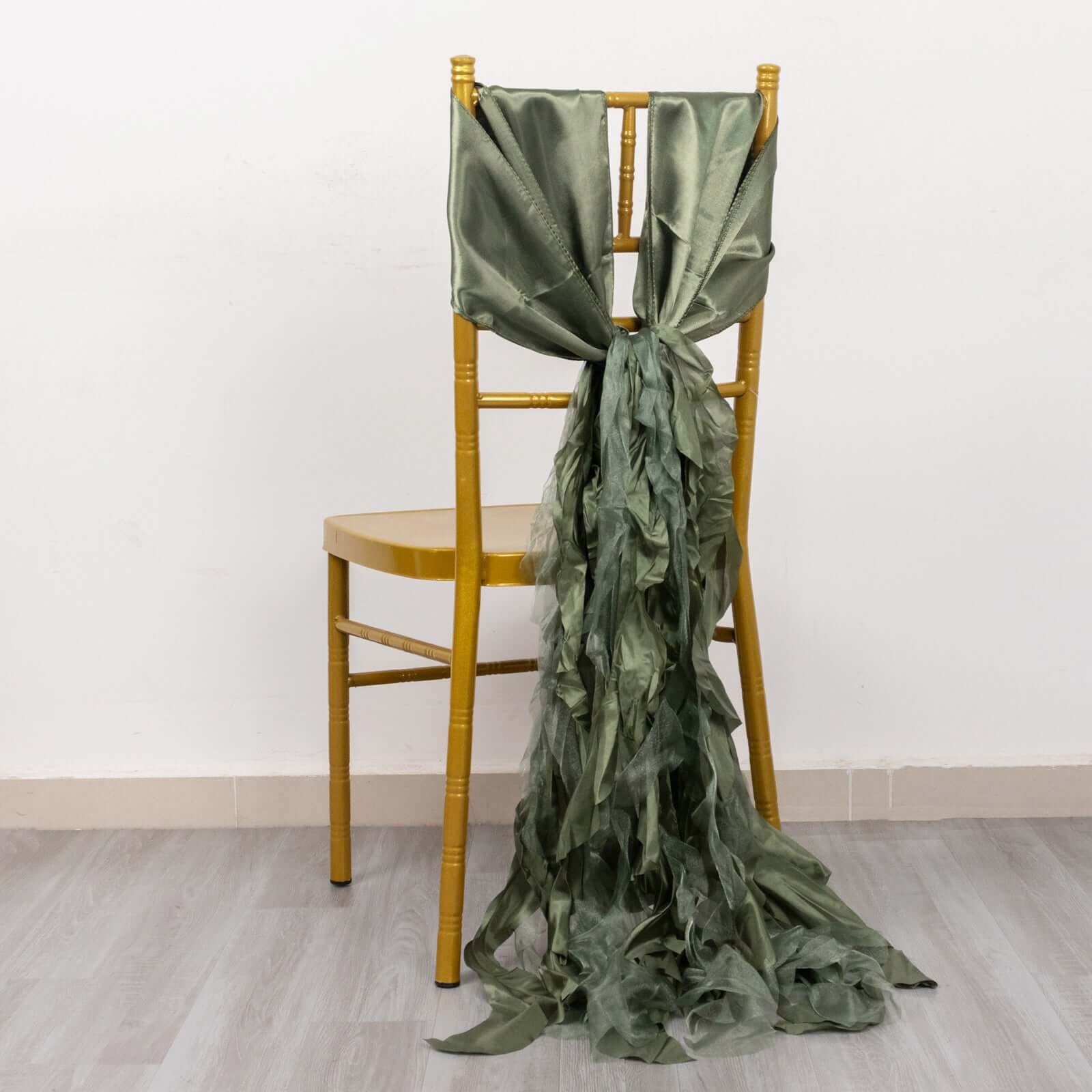 5 Pack Chiffon Satin Chair Sashes Dusty Sage Green - Easy to Install Ruffled Curly Willow