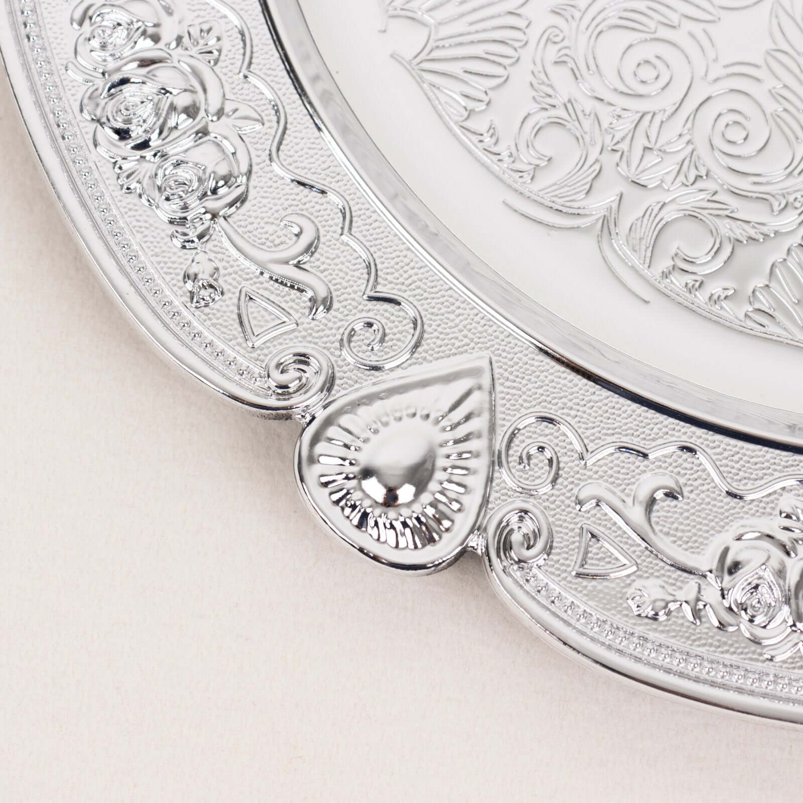 6-Pack Acrylic Round Charger Plates 13 in Silver Floral Embossed with Scalloped Rim, Plastic Decorative Charger Tableware