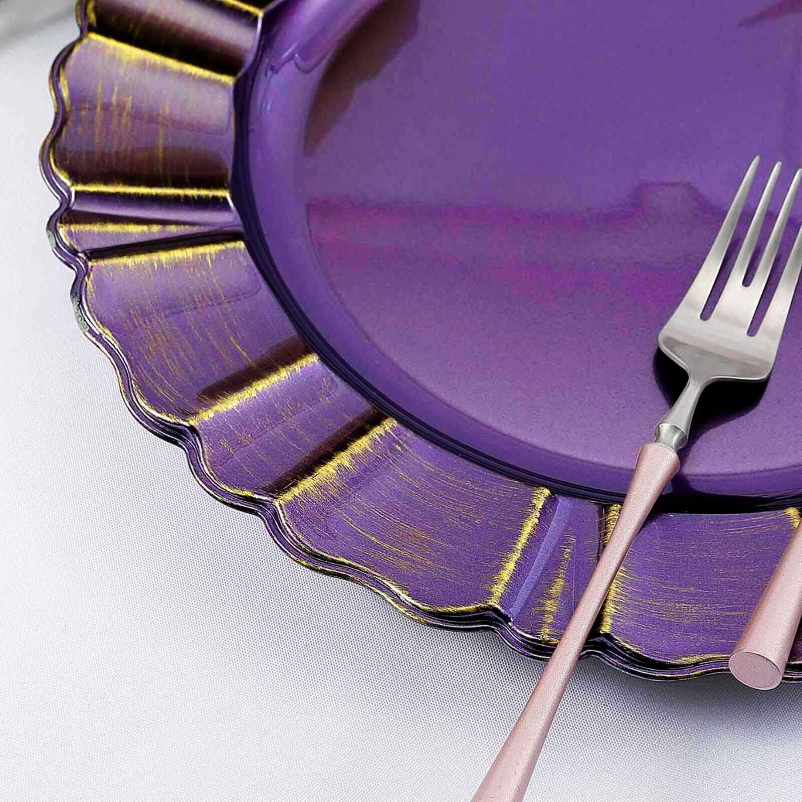 6-Pack Acrylic Plastic Round Charger Plates 13 in Purple with Gold Brushed Wavy Scalloped Rim, Decorative Dinner Party Charger Tableware