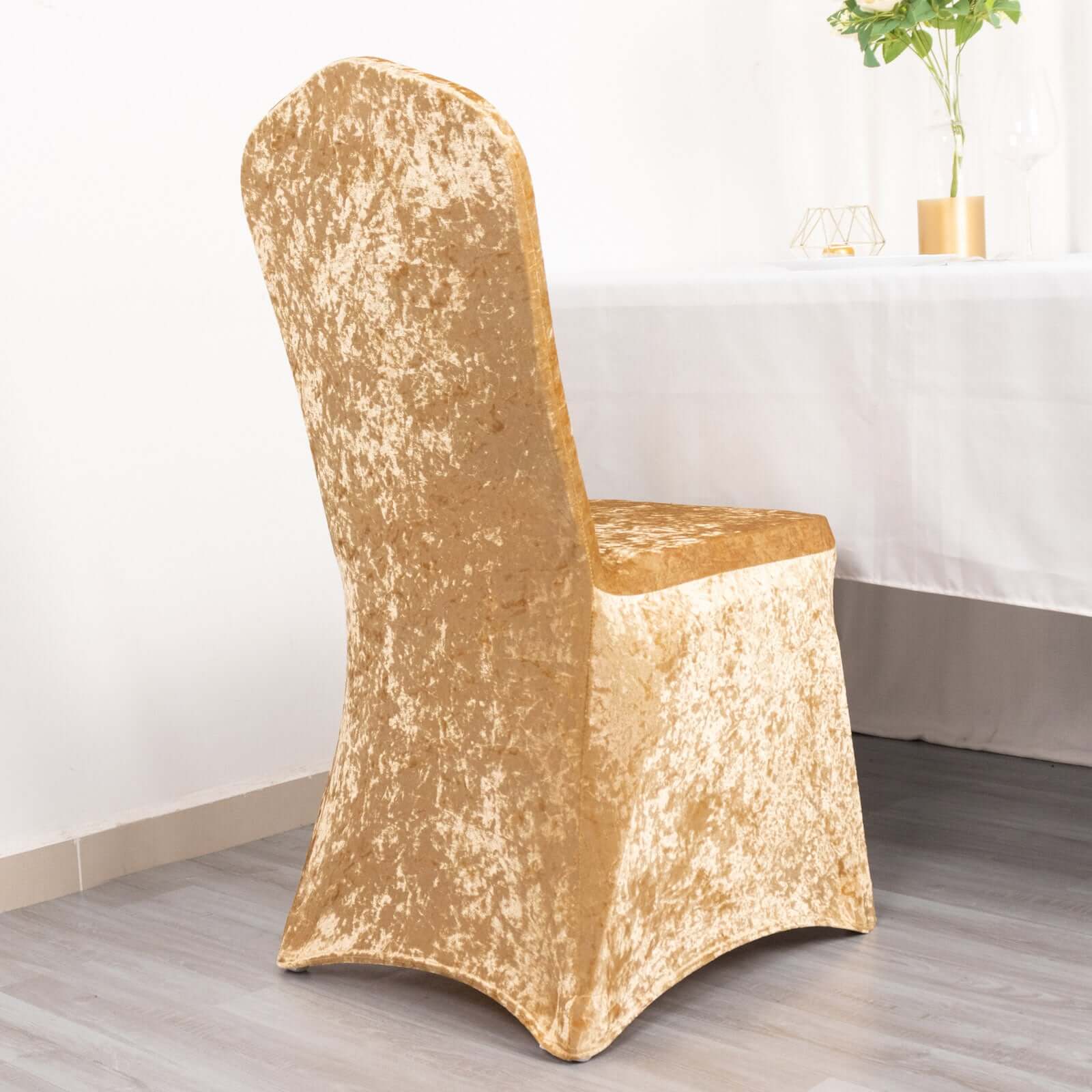 Crushed Velvet Spandex Banquet Chair Cover Fitted Slipcover Champagne - Stretch 190GSM Slipcover with Foot Pockets