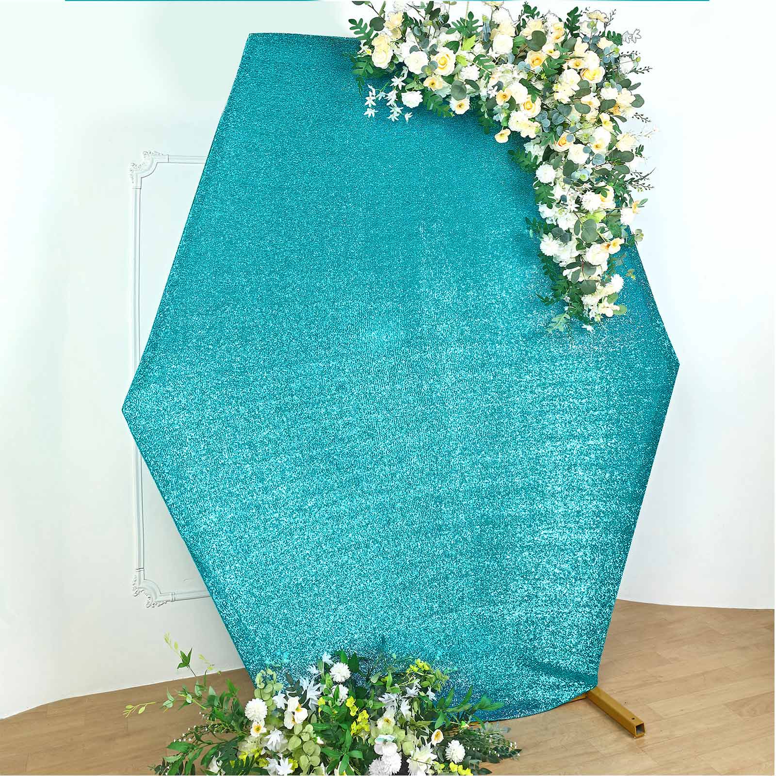 8ftx7ft Turquoise Metallic Shimmer Tinsel Spandex Hexagon Wedding Arbor Cover, 2-Sided Backdrop