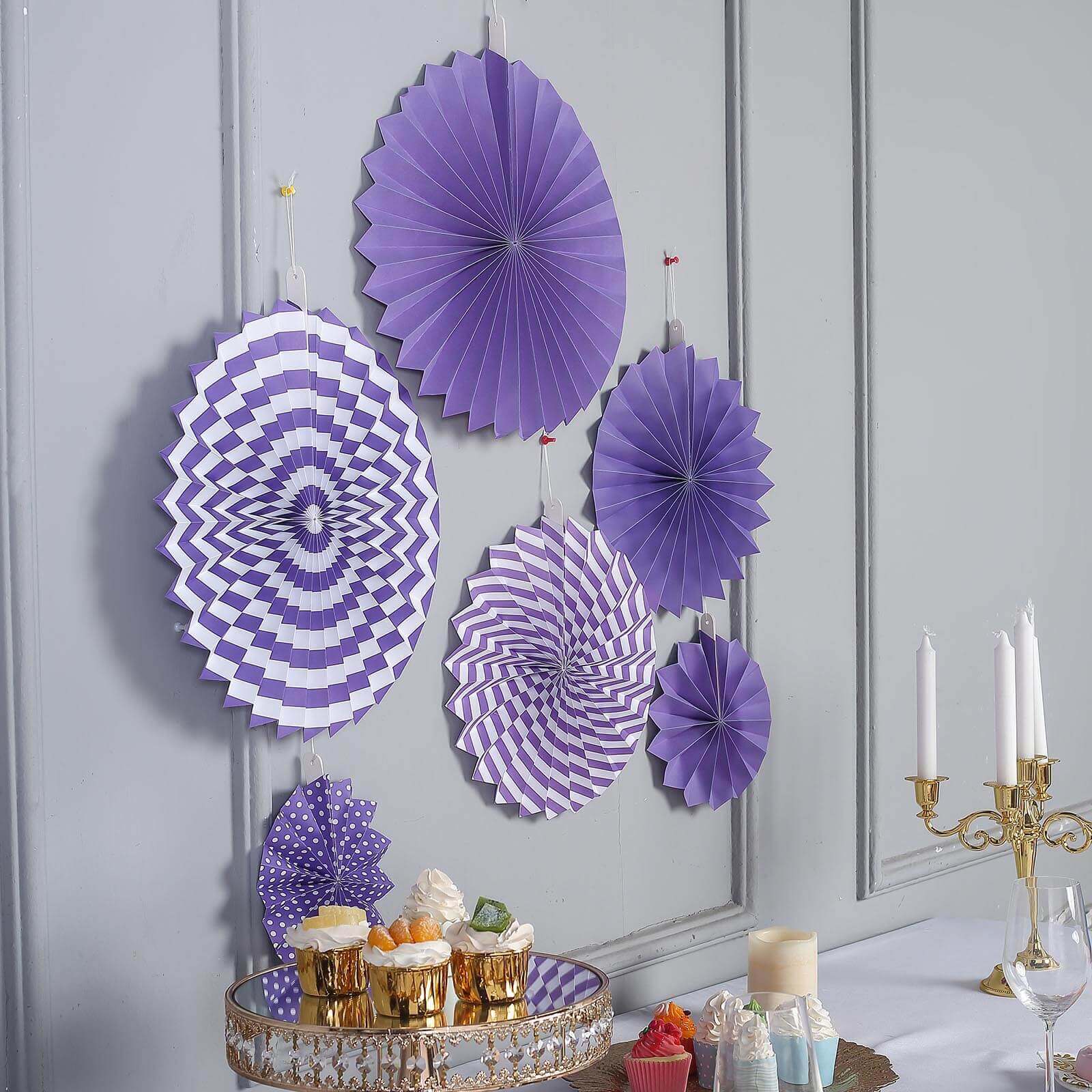 Set of 6 Purple Hanging Paper Fan Decorations, Pinwheel Wall Backdrop Party Kit - 8, 12, 16